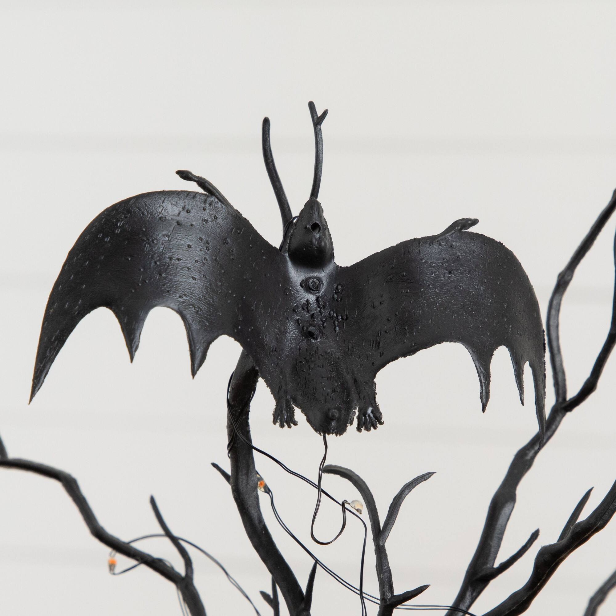16" Pre-Lit Artificial Halloween Black Spooky Twig Tree with Bats and 20 Orange & Purple LED Lights