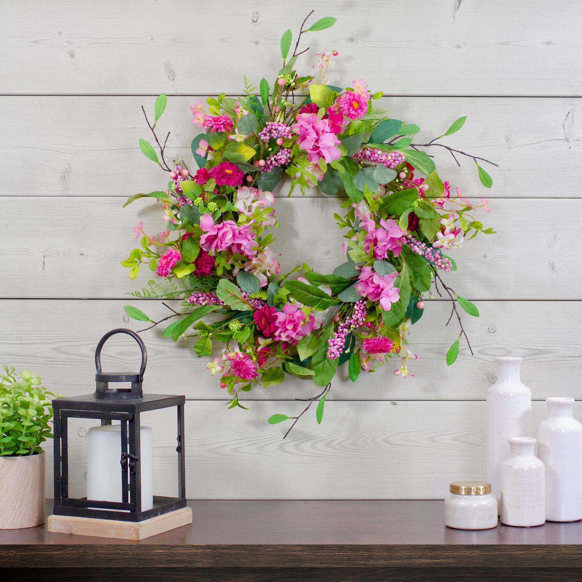 23" Pink Chrysanthemum & Hydrangea Floral Spring Wreath