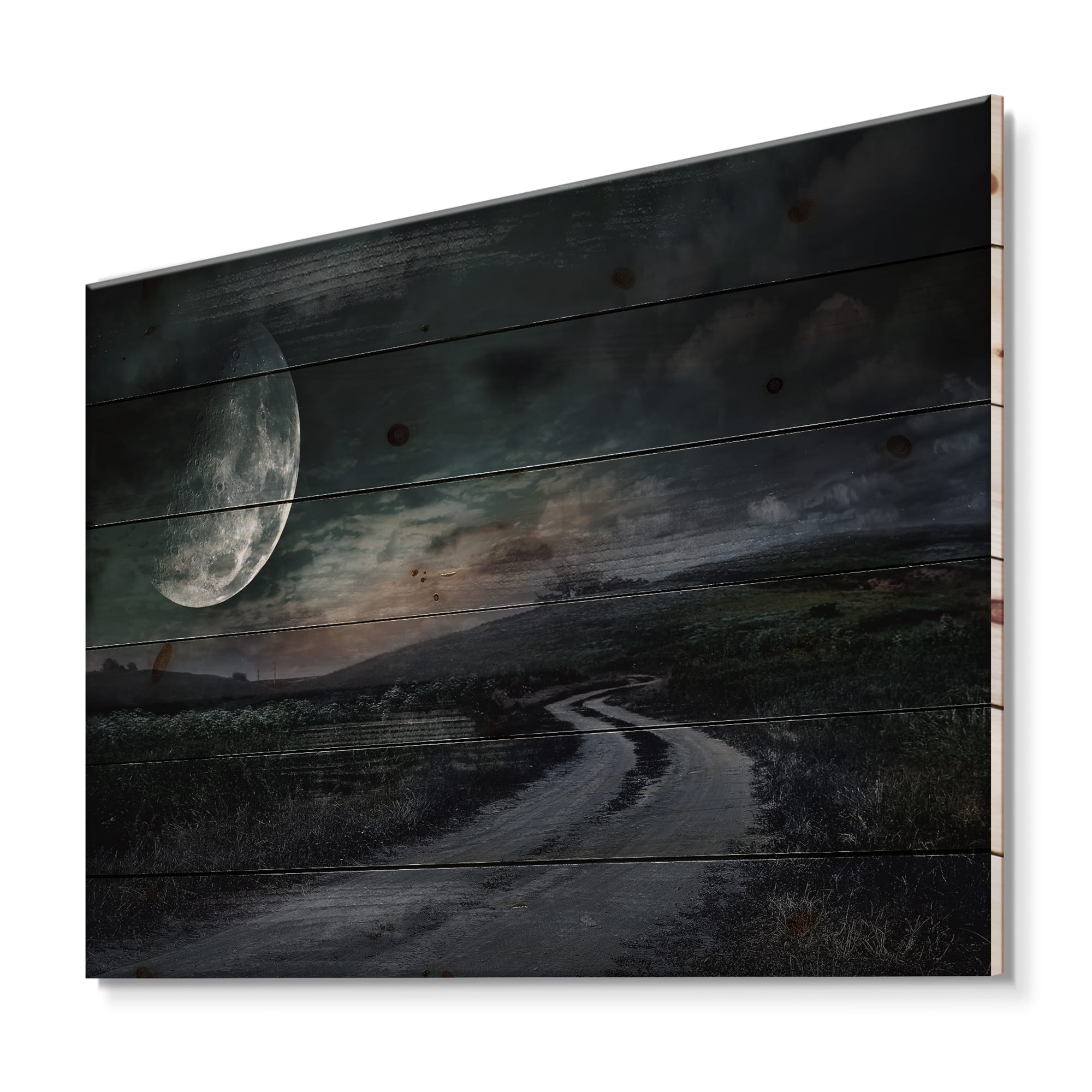 Designart - Rural Road Through The Meadow Under Full Moon - Nautical & Coastal Print on Natural Pine Wood