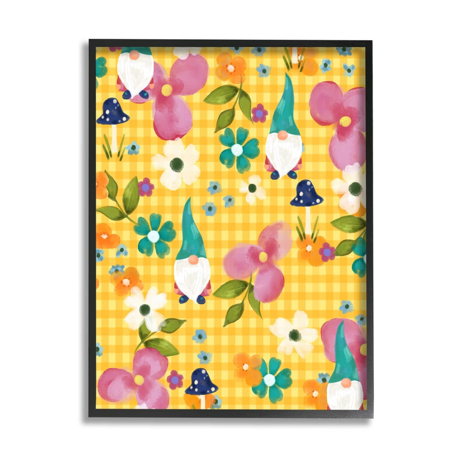 Stupell Industries Yellow Tartan Patterned Spring Gnomes Mushrooms Framed Giclee Art