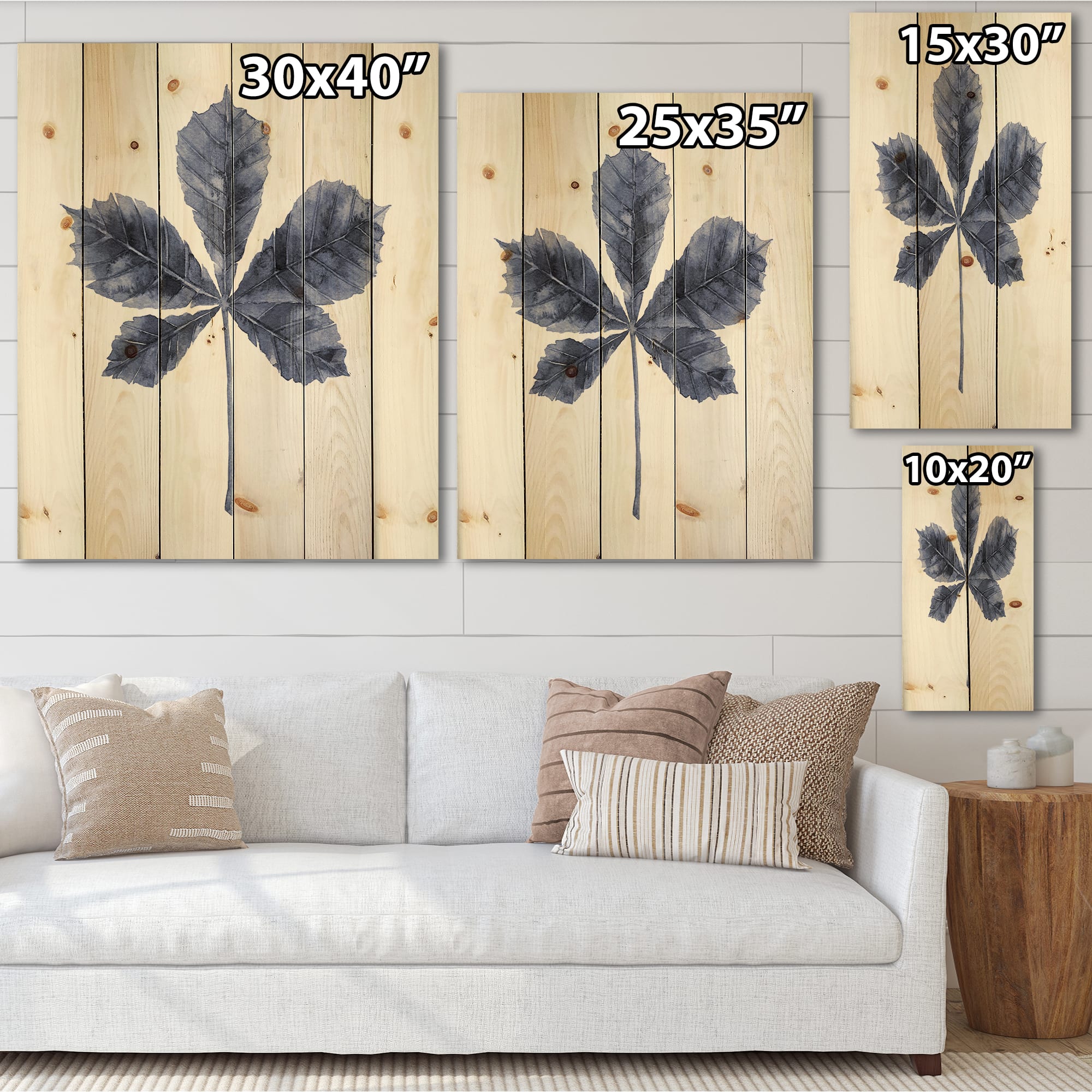 Designart - Navy Blue Chestnut Leaf - Traditional Print on Natural Pine Wood