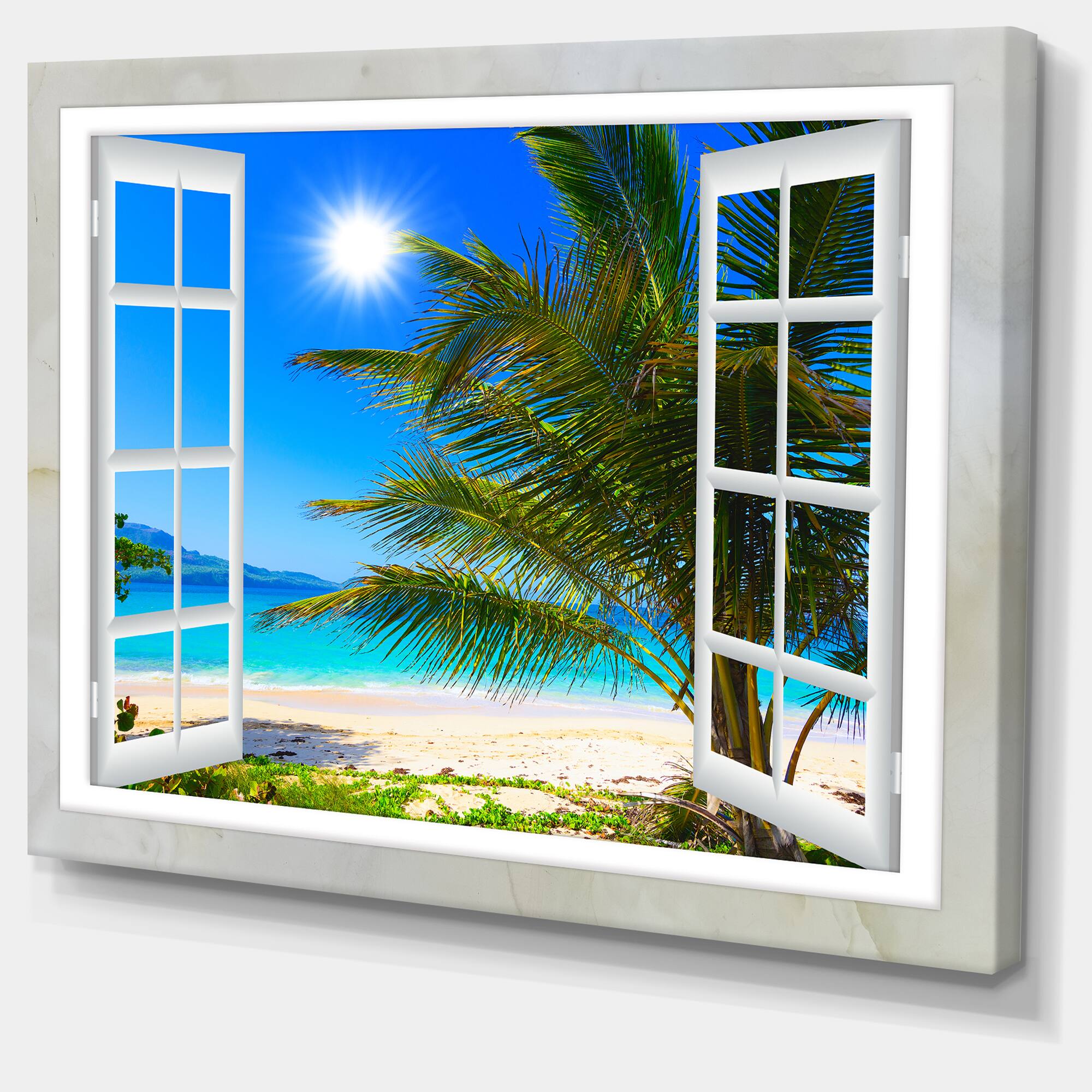 Designart - Window Open to Beach with Palm - Extra Large Seashore Canvas Art