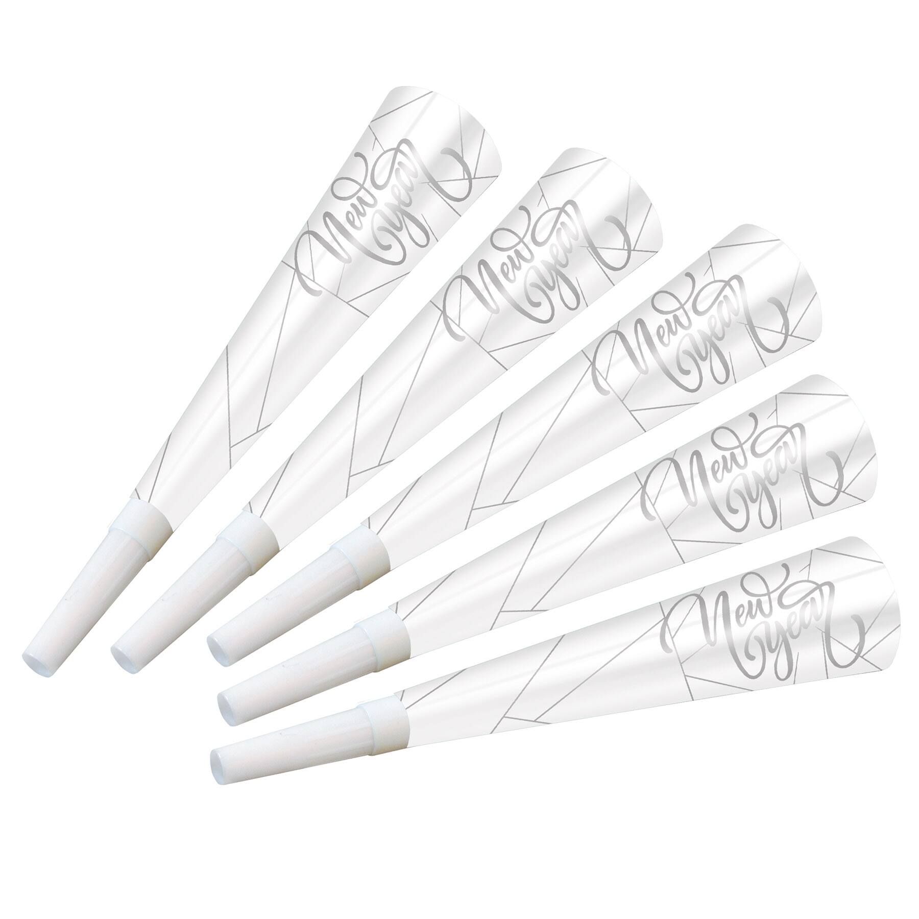 Beistle 9" White & Silver New Year Horns, 100ct.