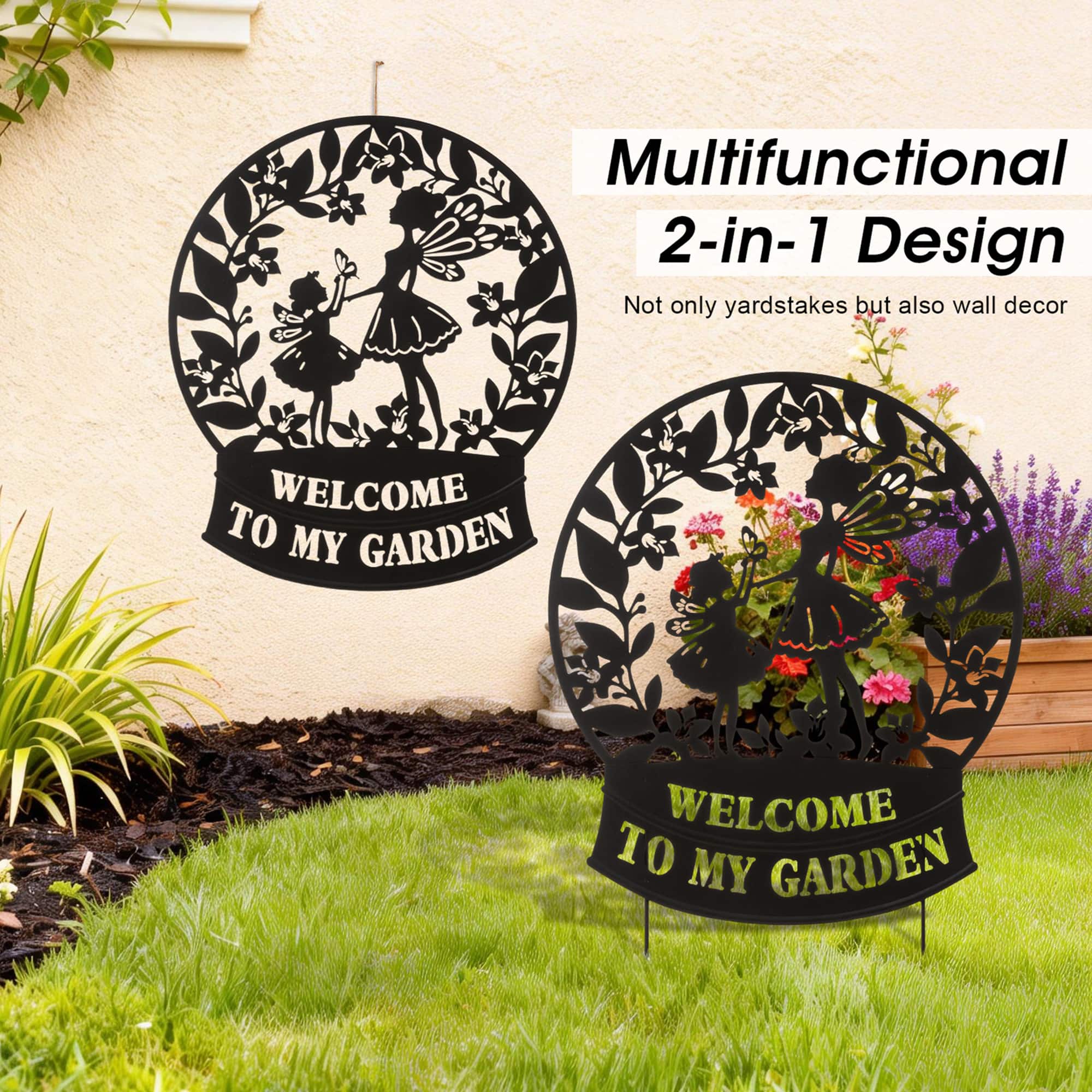 Glitzhome® 30" 2-in-1 Painted Metal Flower Fairy Silhouette Garden Yard Stake & Wall Decor