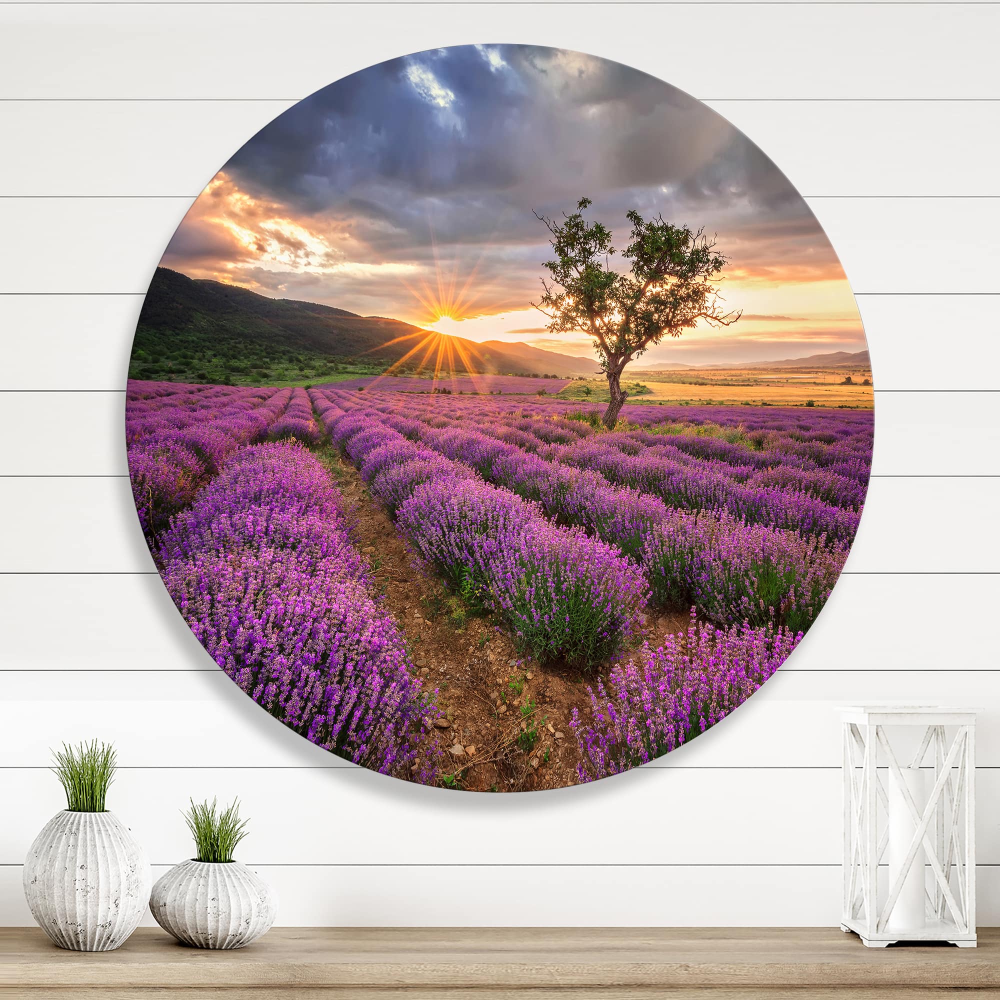 Designart - Sunrise & Dramatic Clouds Over Lavender Field VIII - Farmhouse Metal Circle Wall Art