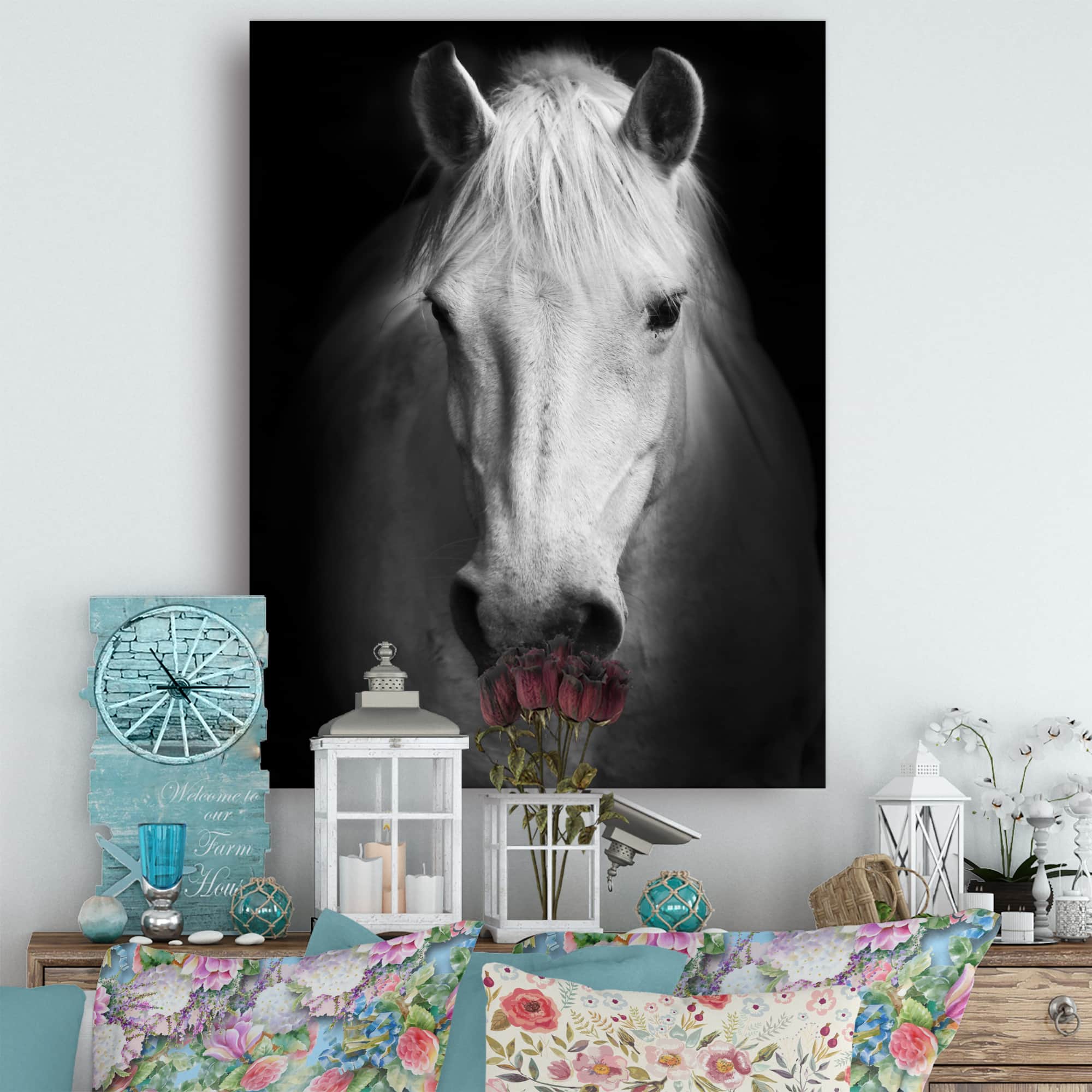 Designart - White Horse Black and White - Animal Canvas Art Print