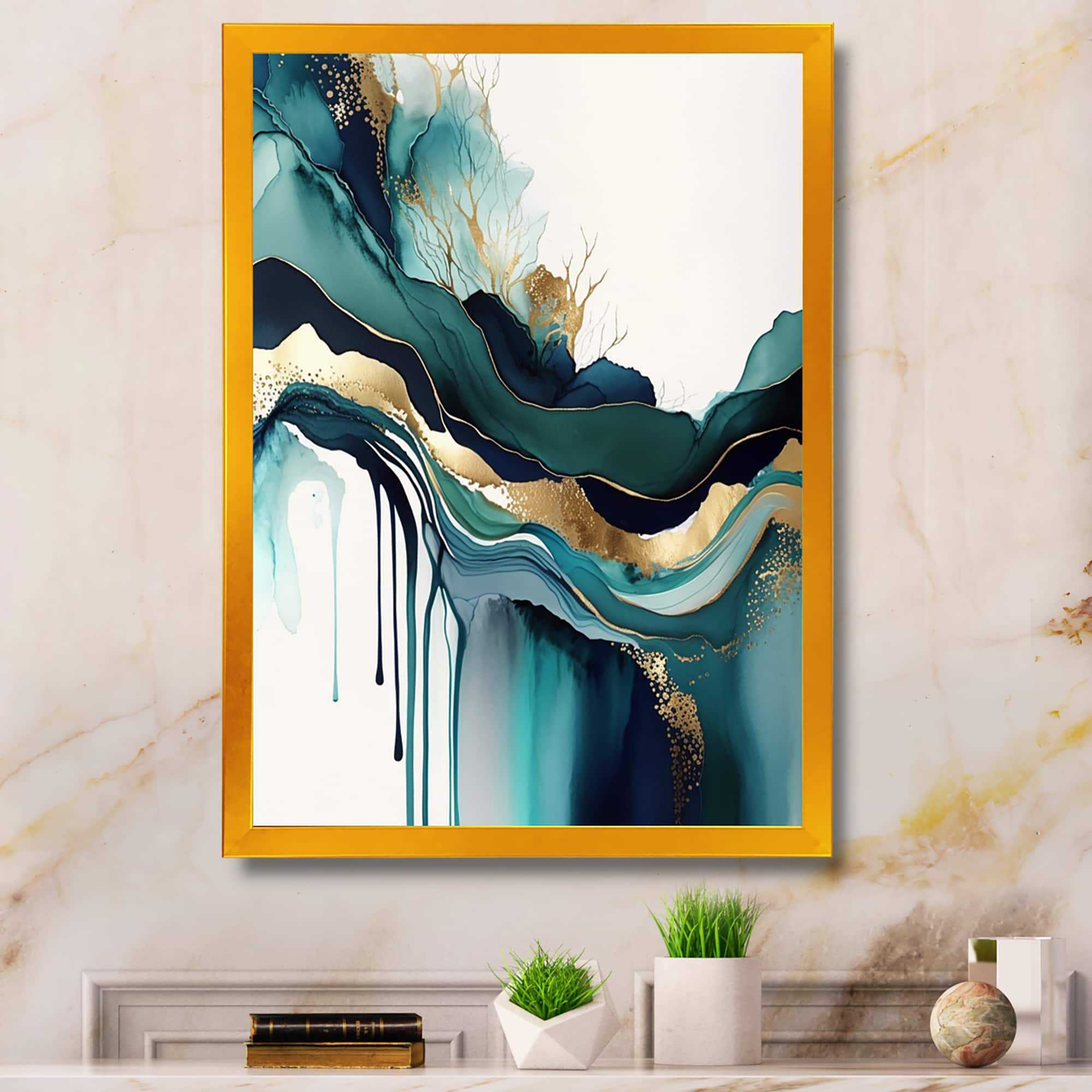 Designart 'Teal And Gold Abstract Expression IV' Modern Framed Canvas Wall Art