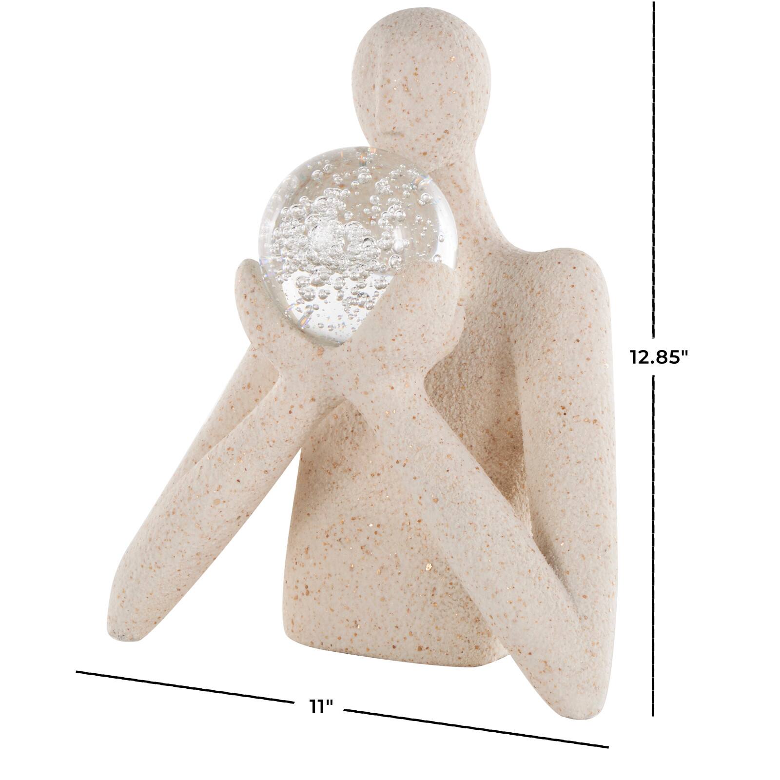12.75" Cream People Abstract Textured Polystone Sculpture with Clear Glass Ball & Gold Speckles