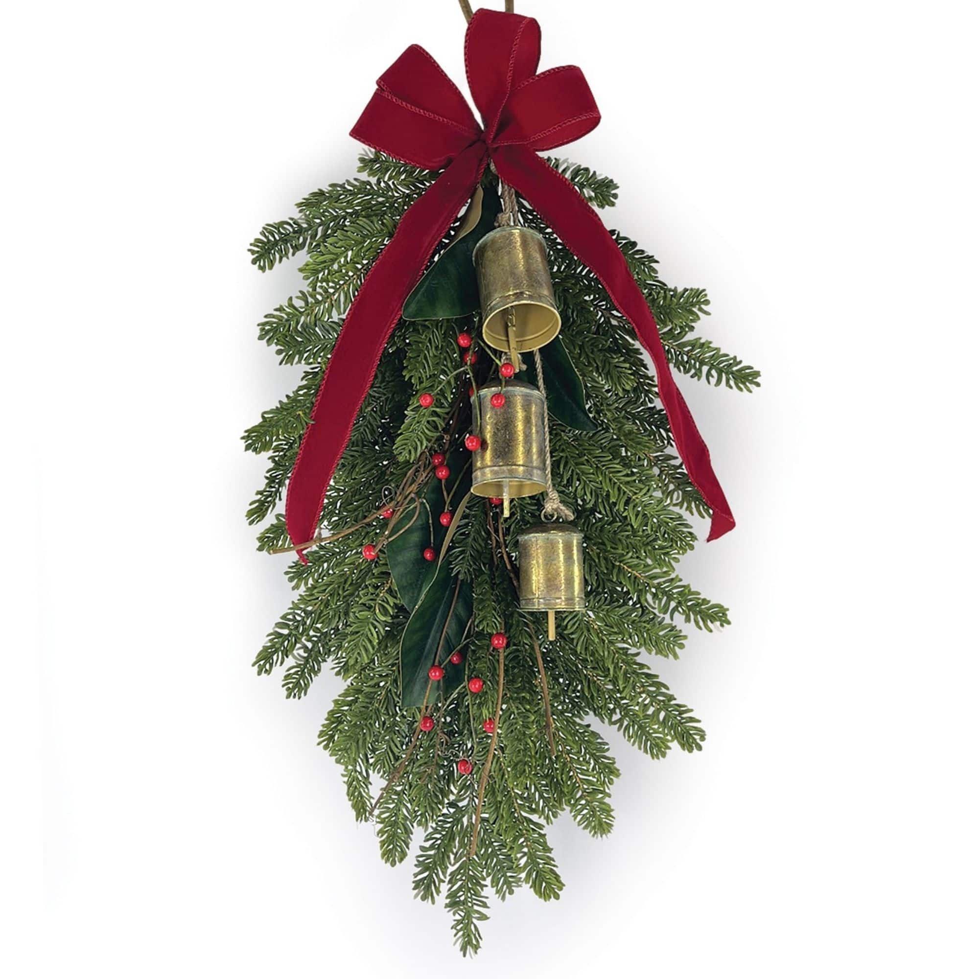 Melrose 32" Green Fresh Touch Pine, Berry with Bells & Bow Swag