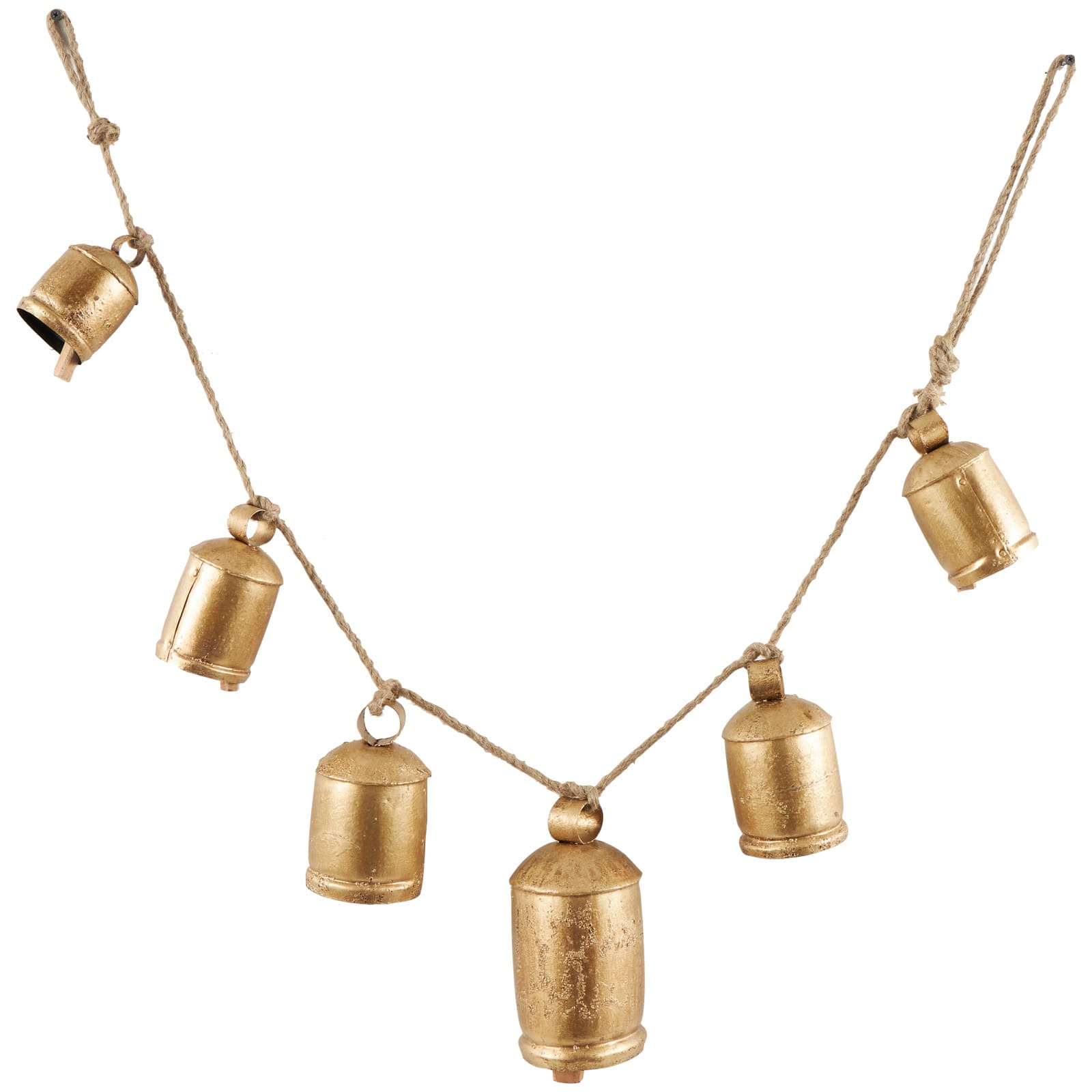 Gold Metal Tibetan Inspired String Hanging Decorative Cow Bells with Jute Hanging Rope