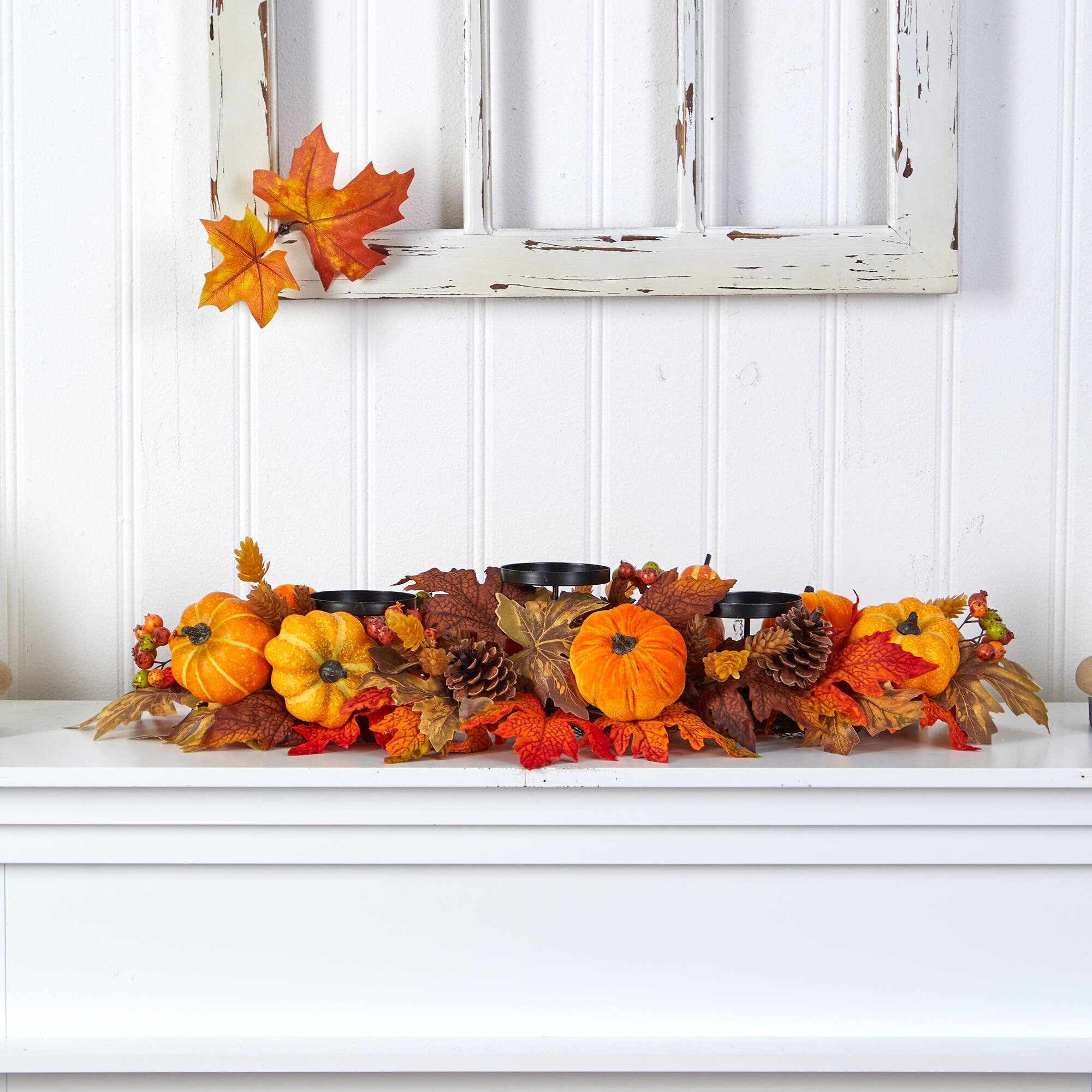 36" Maple Leaves, Pumpkin & Berries Fall Harvest Candelabrum Arrangement