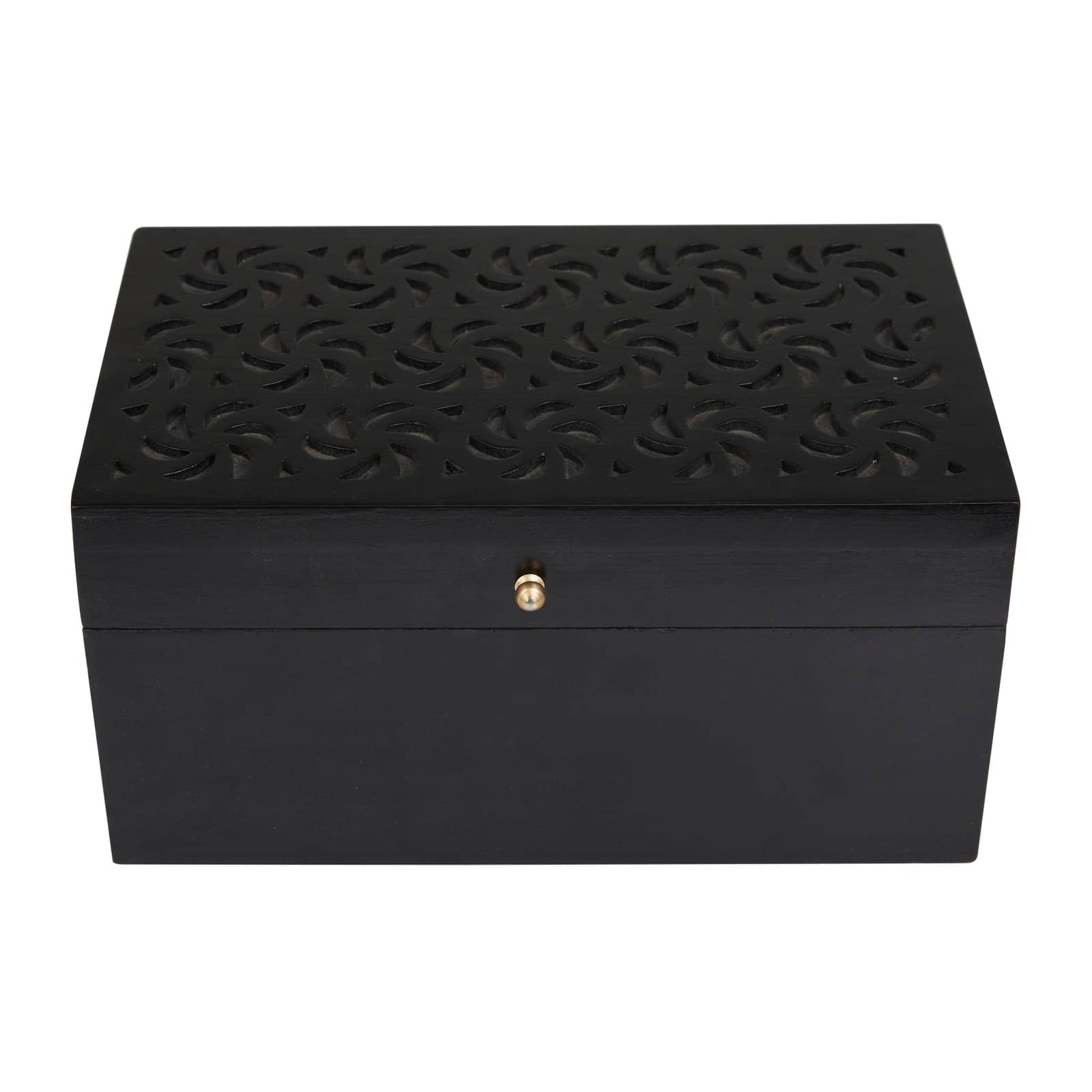 Black Wood Intricate Carved Box with Hinged Lid Set