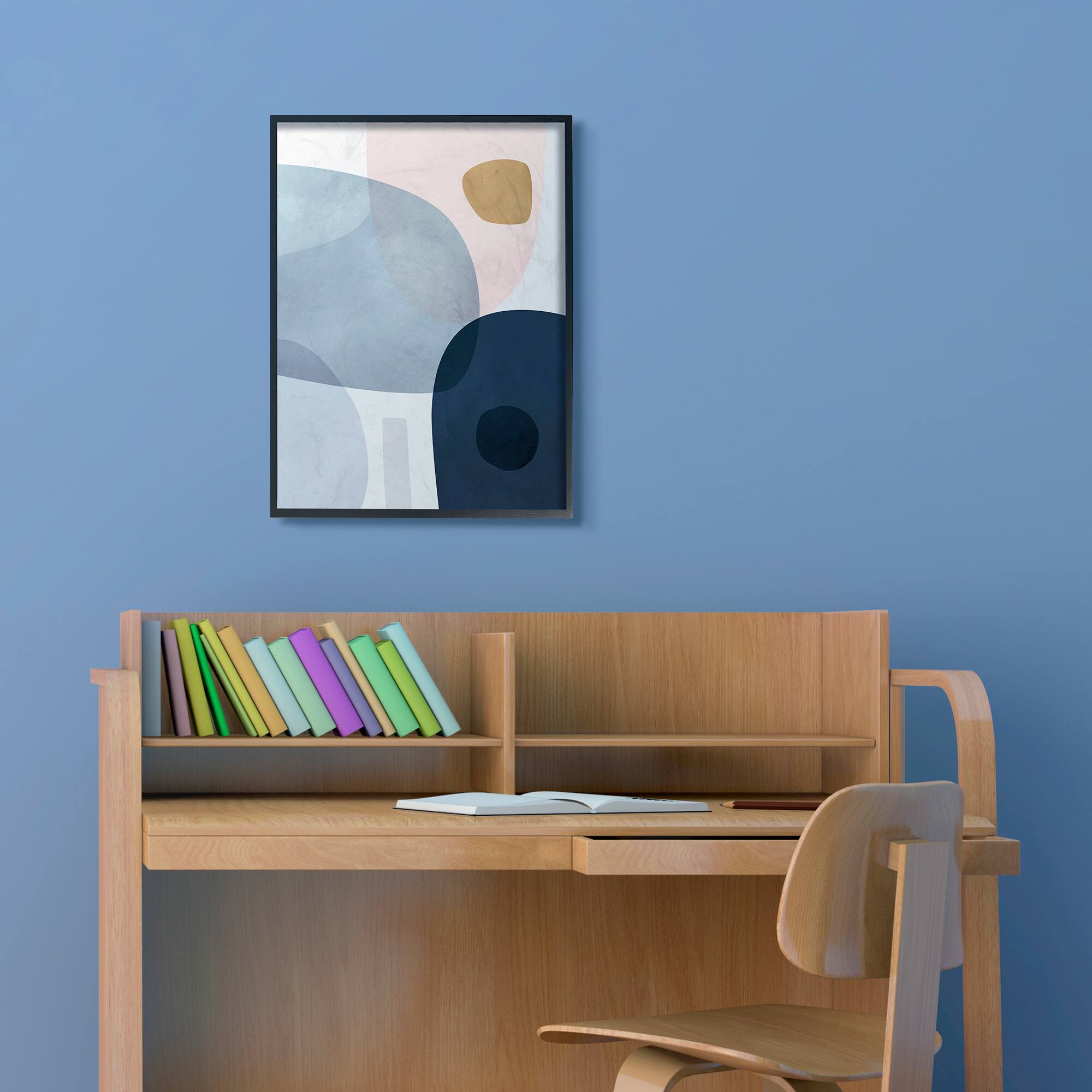 Stupell Industries Mod Shapes Slate Blue Navy and Peach Overlapping Abstract Black Framed Wall Art