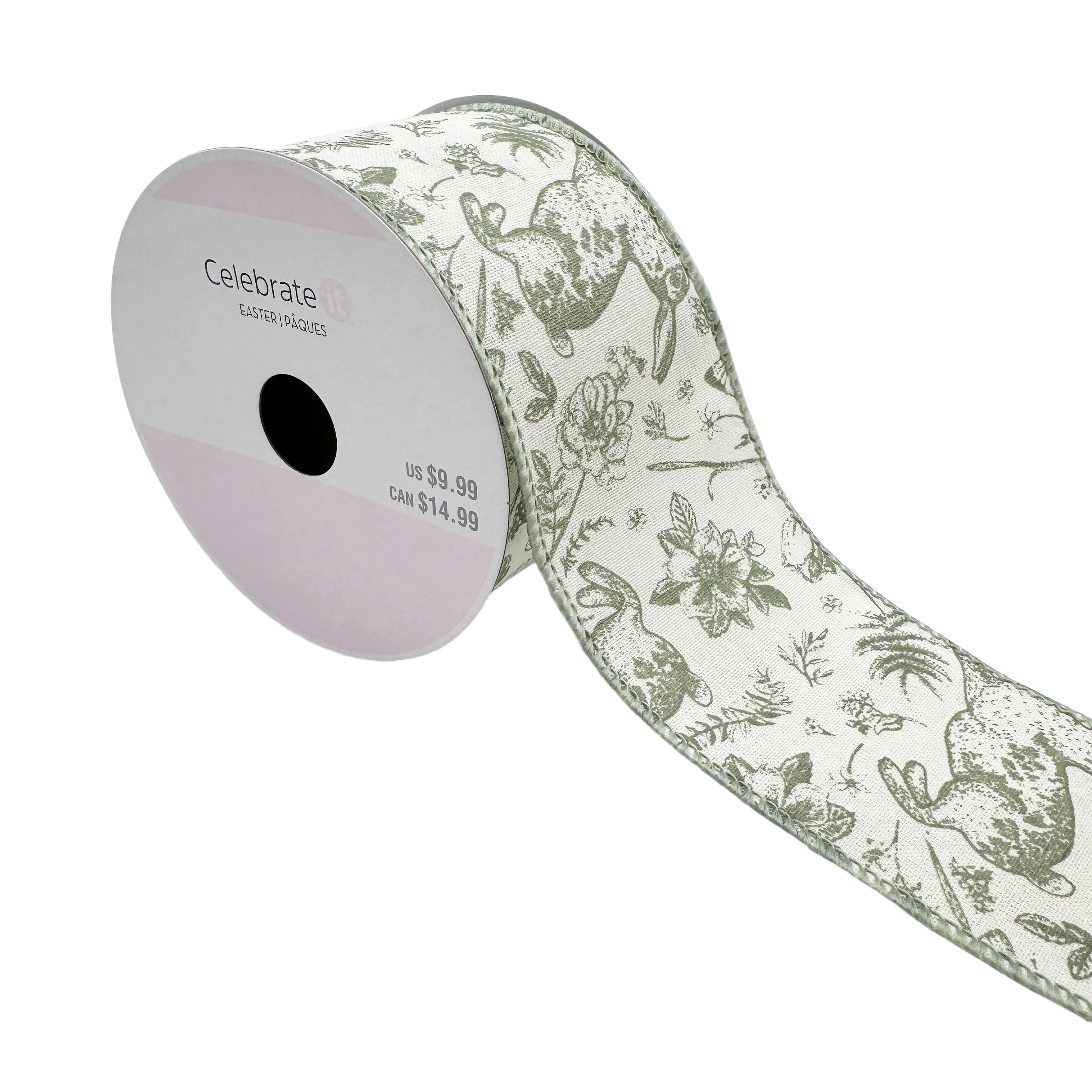 2.5" x 6.6yd. Green Bunny Wired Faux Linen Ribbon by Celebrate It®