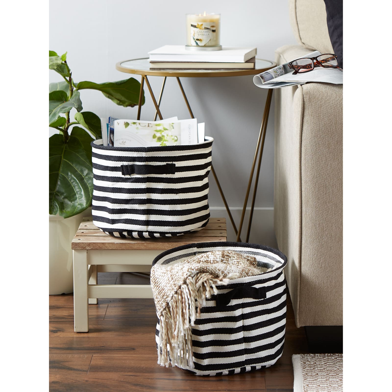 DII® Medium Round Stripes PE-Coated Herringbone Woven Cotton Laundry Bin, 2ct.