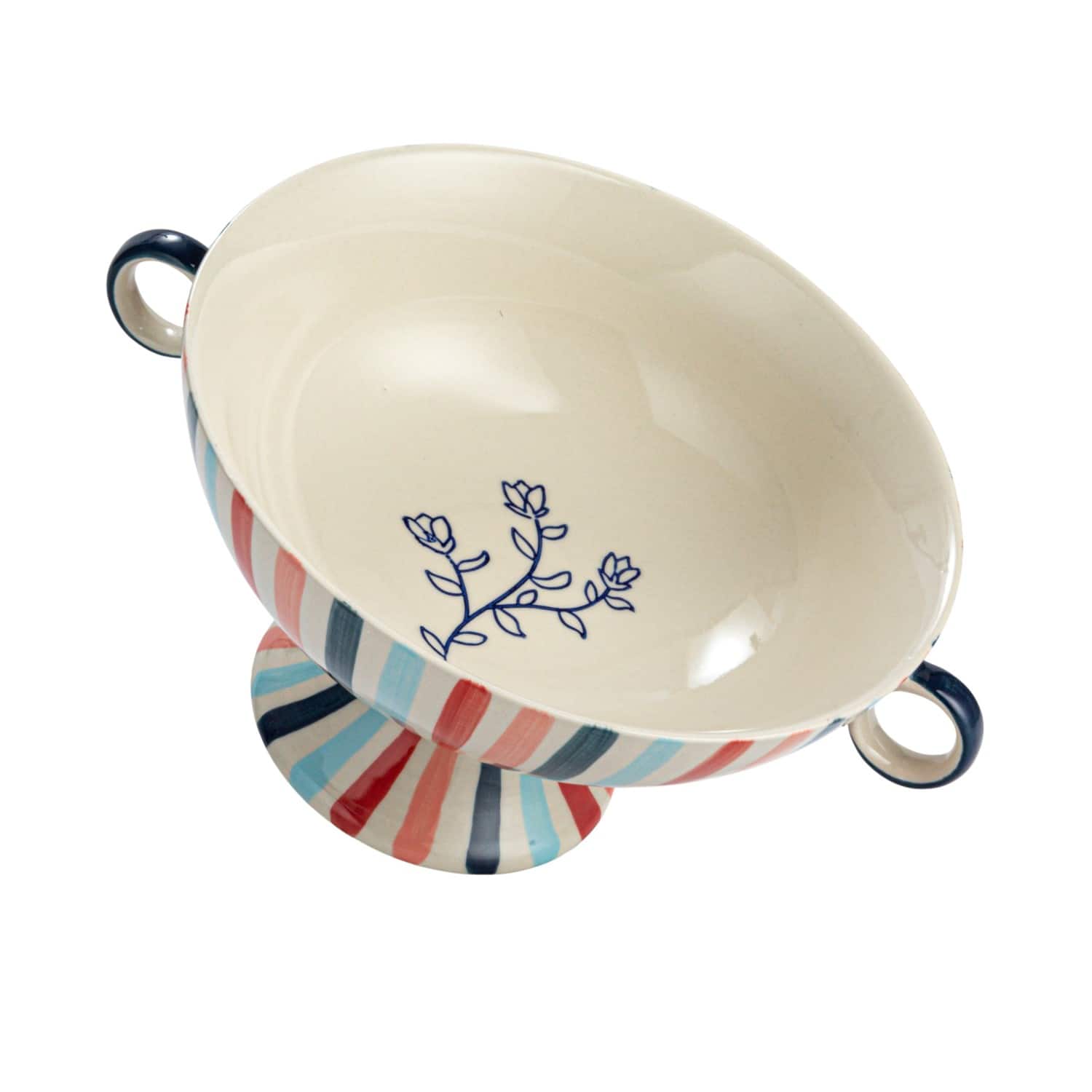 Hello Honey® 13" Multicolor Hand-Painted Stoneware Footed Bowl with Handles & Stripes