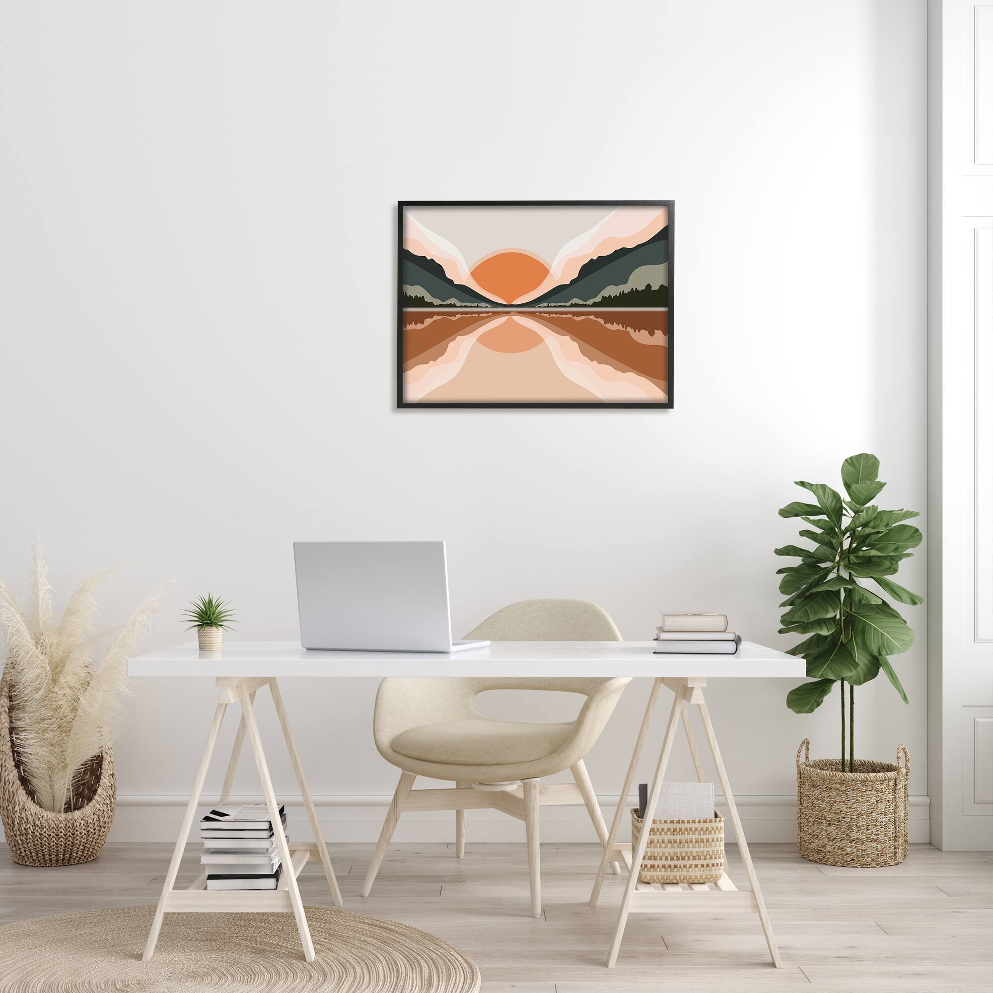 Stupell Industries Misty Sunrise Geometric Green Mountain Lake Reflection in Frame Wall Art