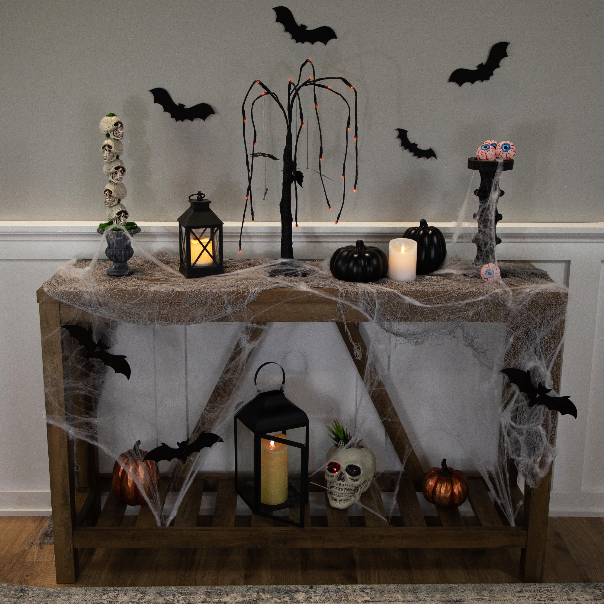 24" LED Lighted Black Glittered Halloween Willow Tree with Bats