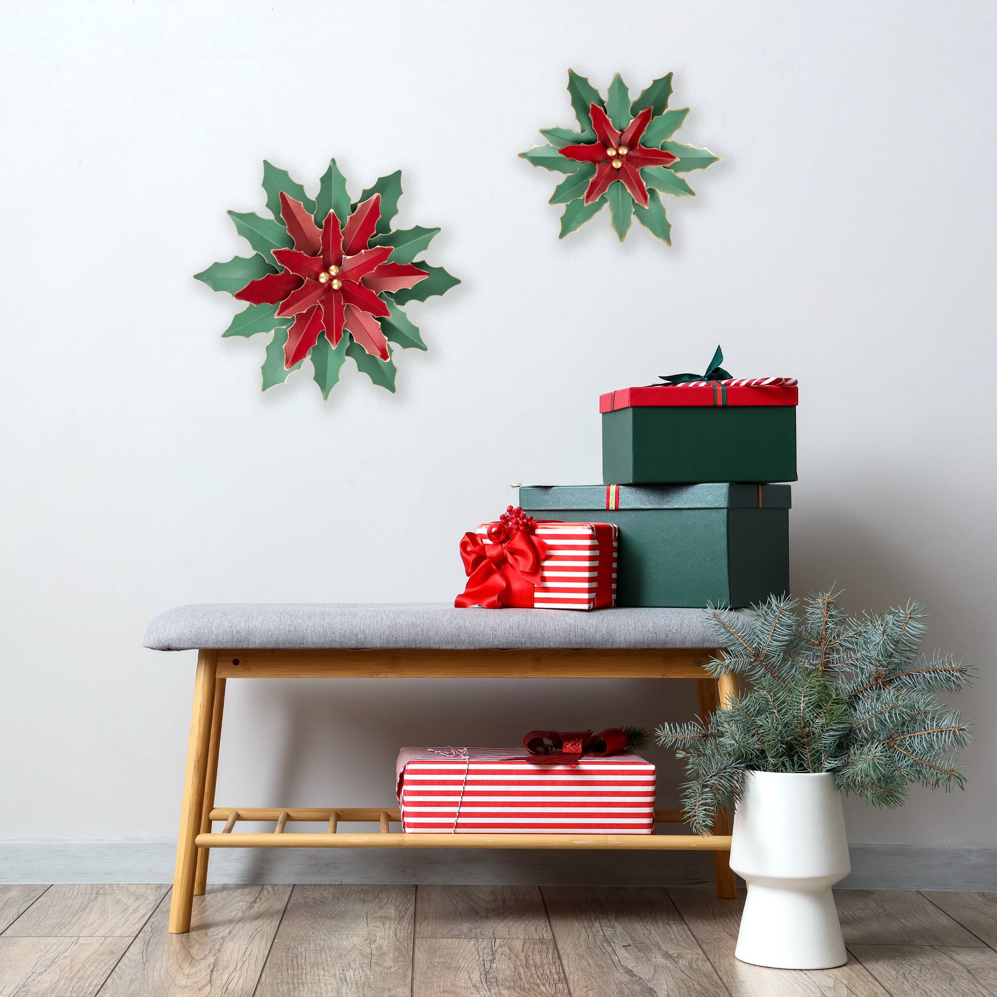 14" Small Green and Red Metal Poinsettia Christmas Wall Hanging