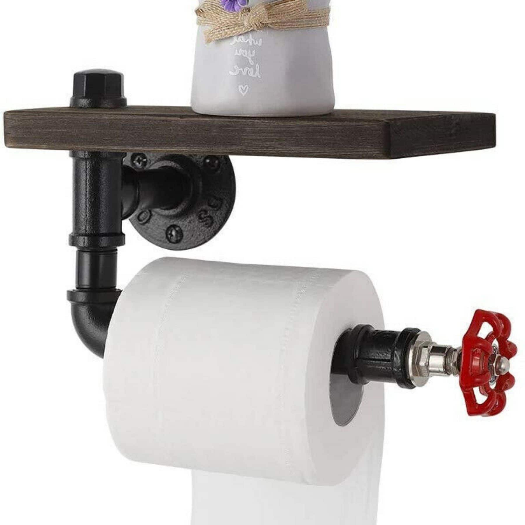 Black Industrial Metal Wall Mounted Toilet Paper Holder with Wood Shelf