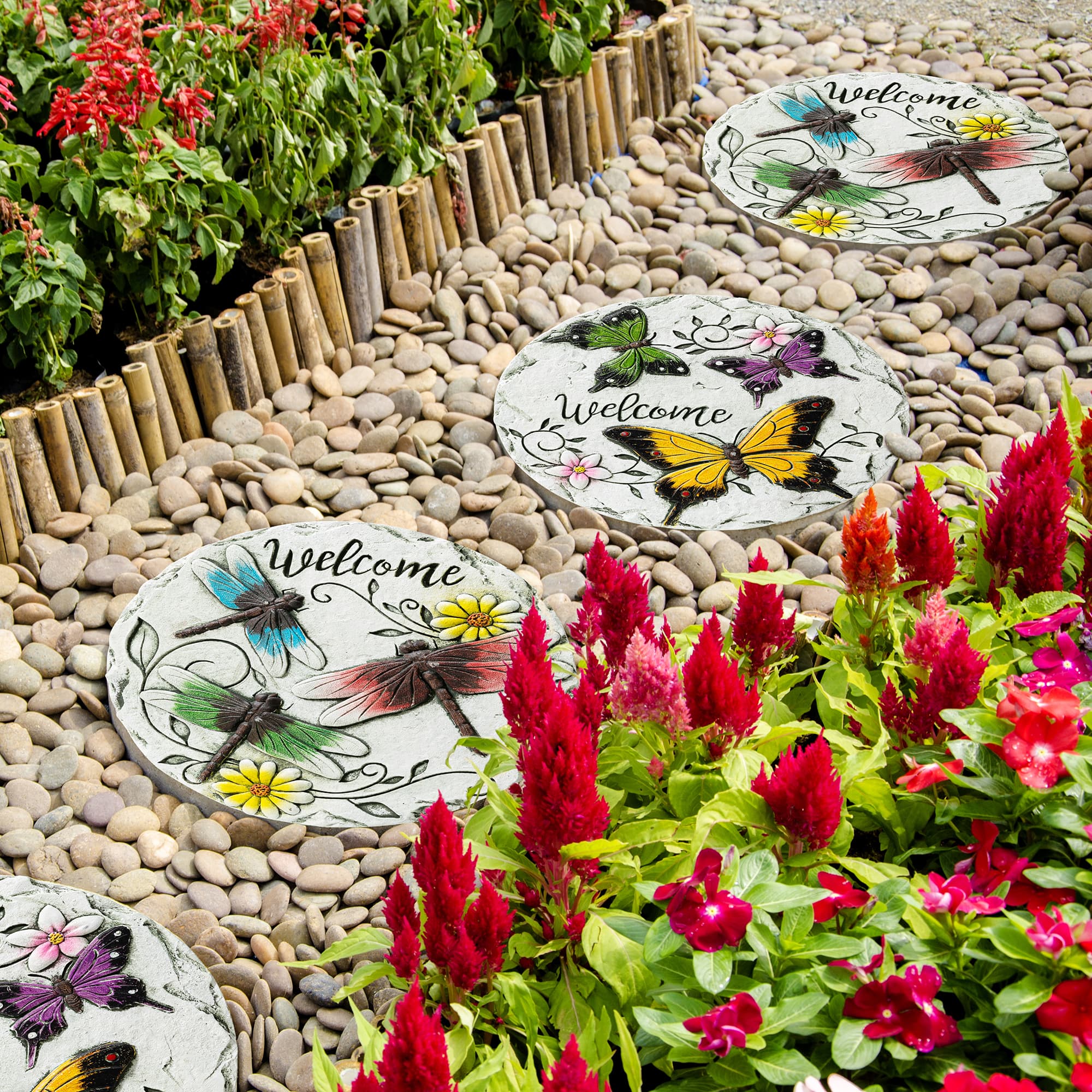 Glitzhome® 9.75" Butterflies & Dragonflies Patterned Cement Stepping Stones Set