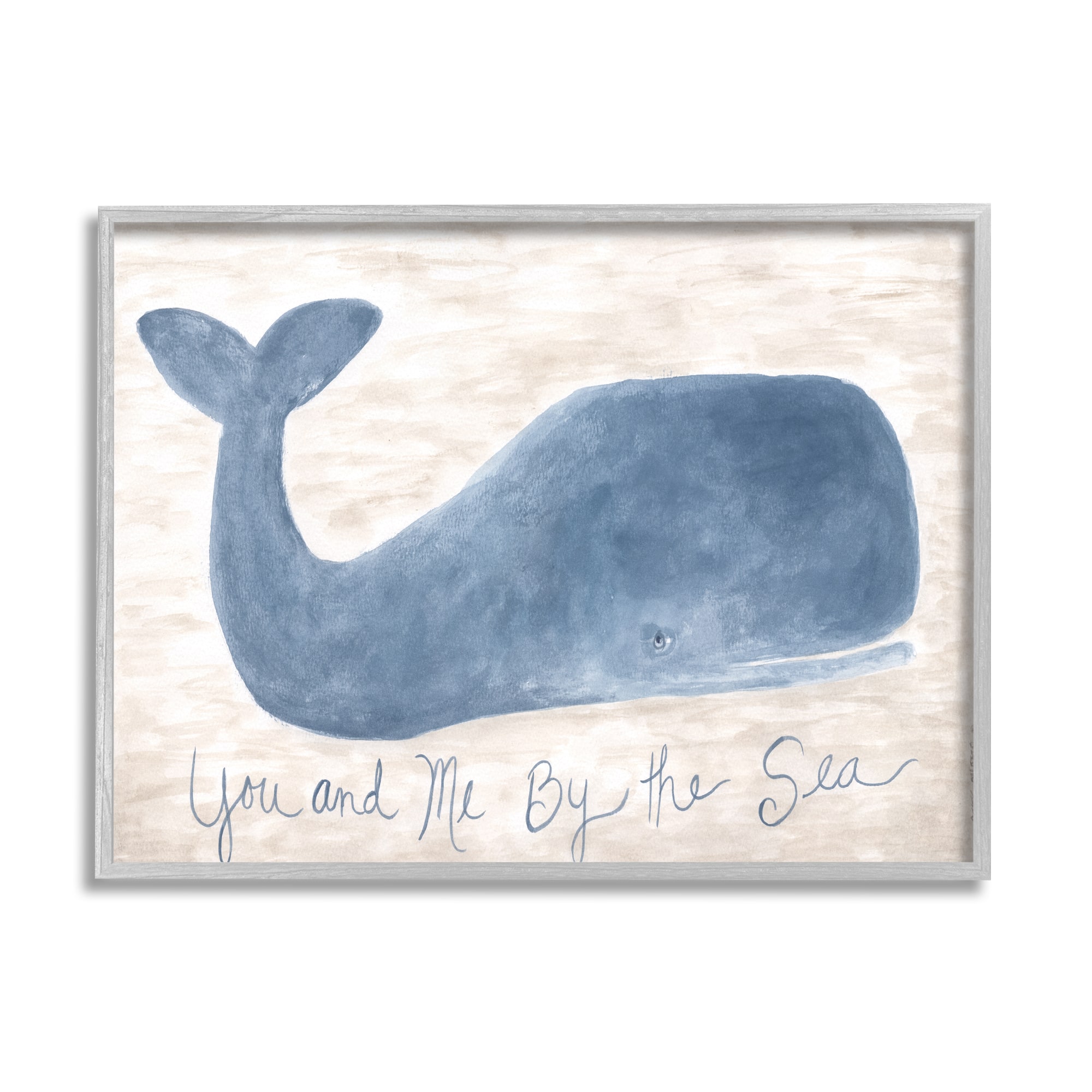 Stupell Industries You Me By Sea Quote Nautical Traditional Blue Whale in Gray Frame Wall Art