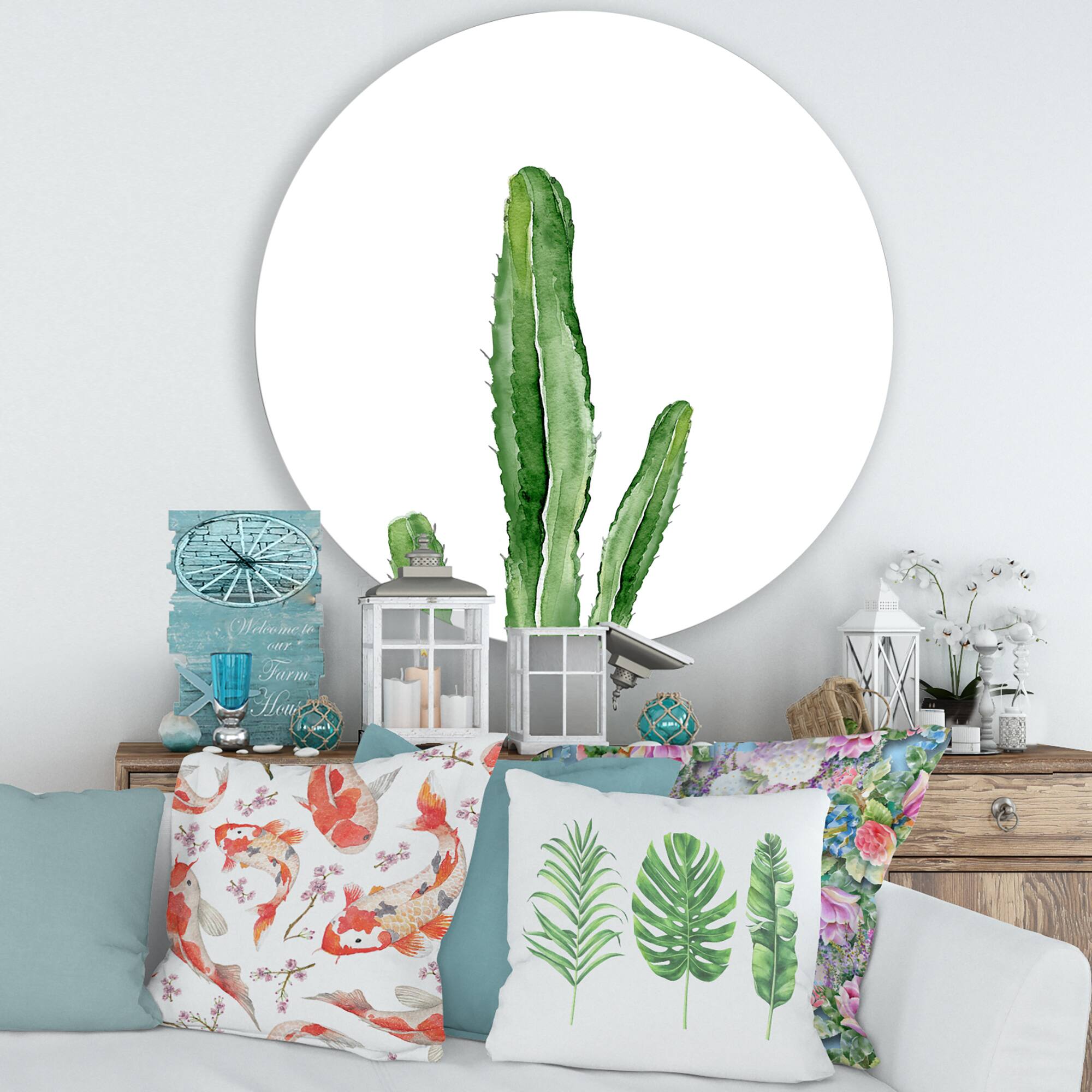 Designart - Green Cactus South Western Plant Botanical Detail - Tropical Metal Circle Wall Art