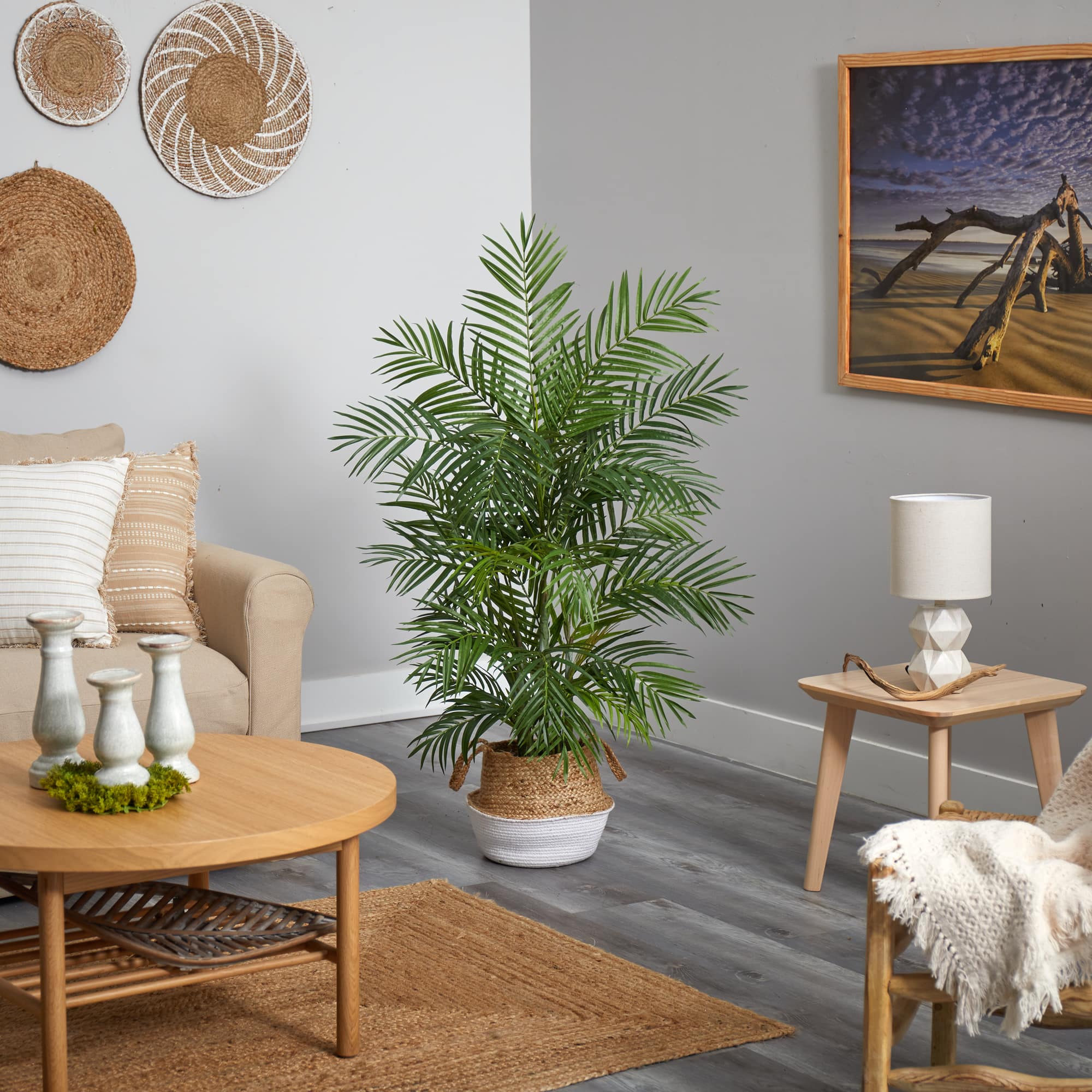 4ft. Areca Artificial Palm in Boho Chic Handmade Cotton & Jute White Woven Planter