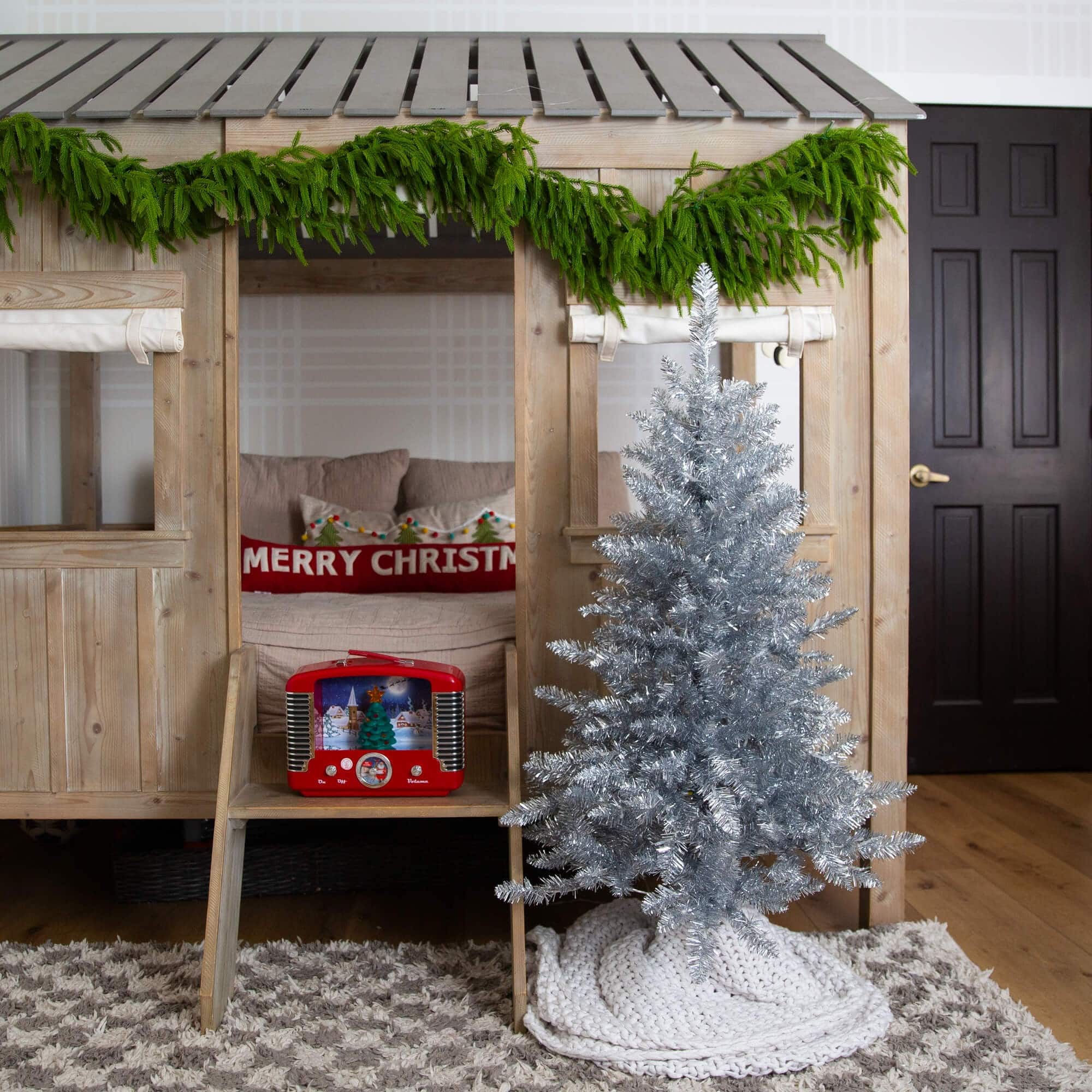 4ft. Pre-Lit Silver Tinsel Artificial Christmas Tree, Cool White Lights