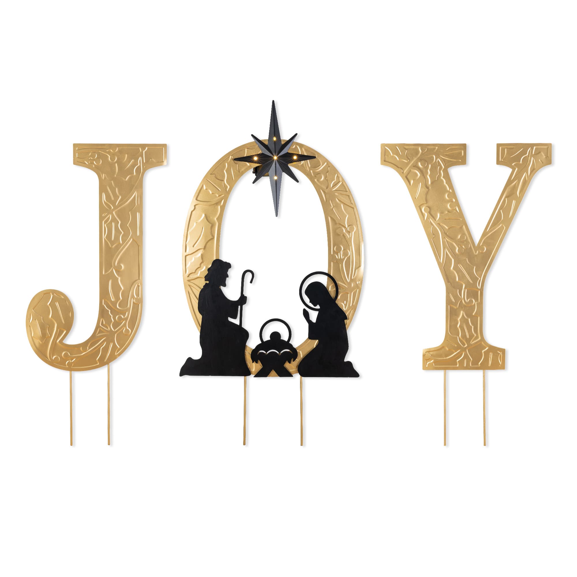 Glitzhome® Set of 3 Lighted Christmas Metal Embossed Gold JOY Yard Stake with Timer