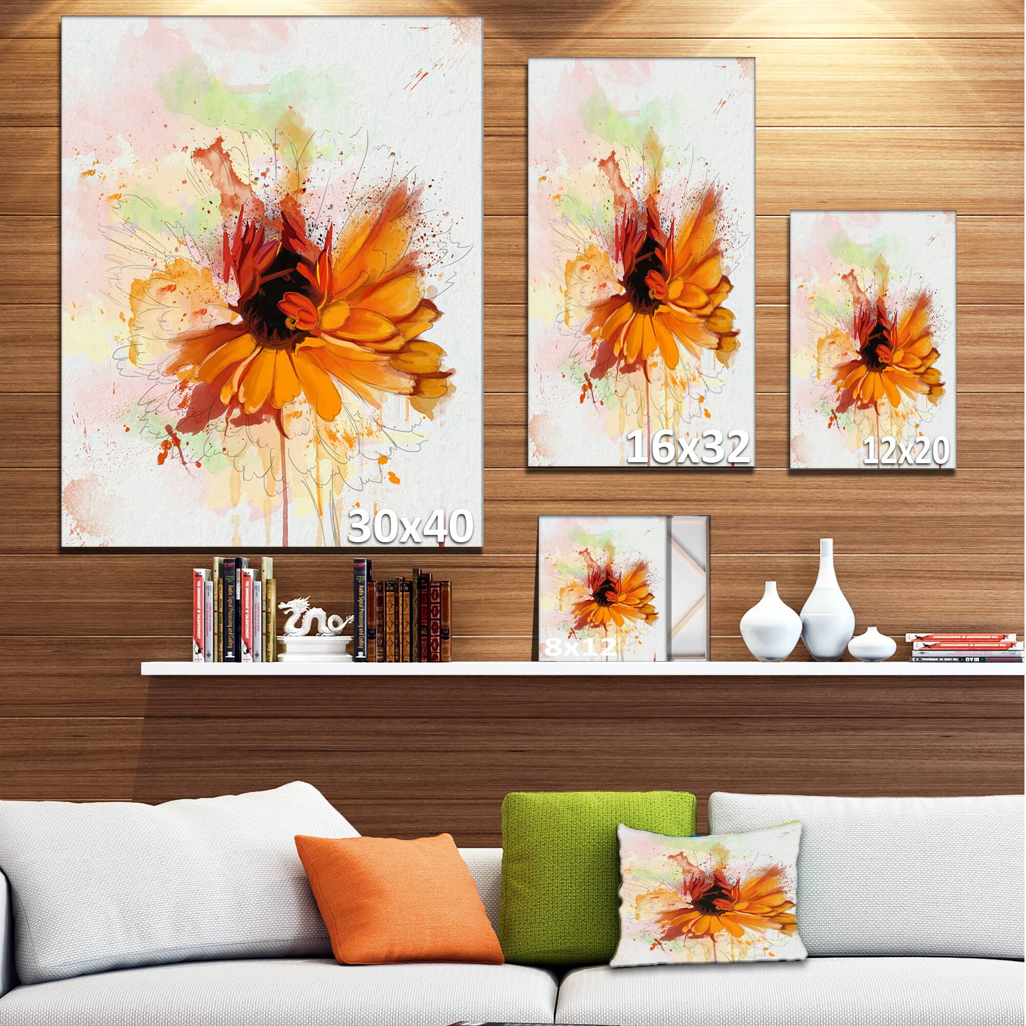 Designart - Sunflower Drawing with Paint Splashes - Floral Canvas Art Print