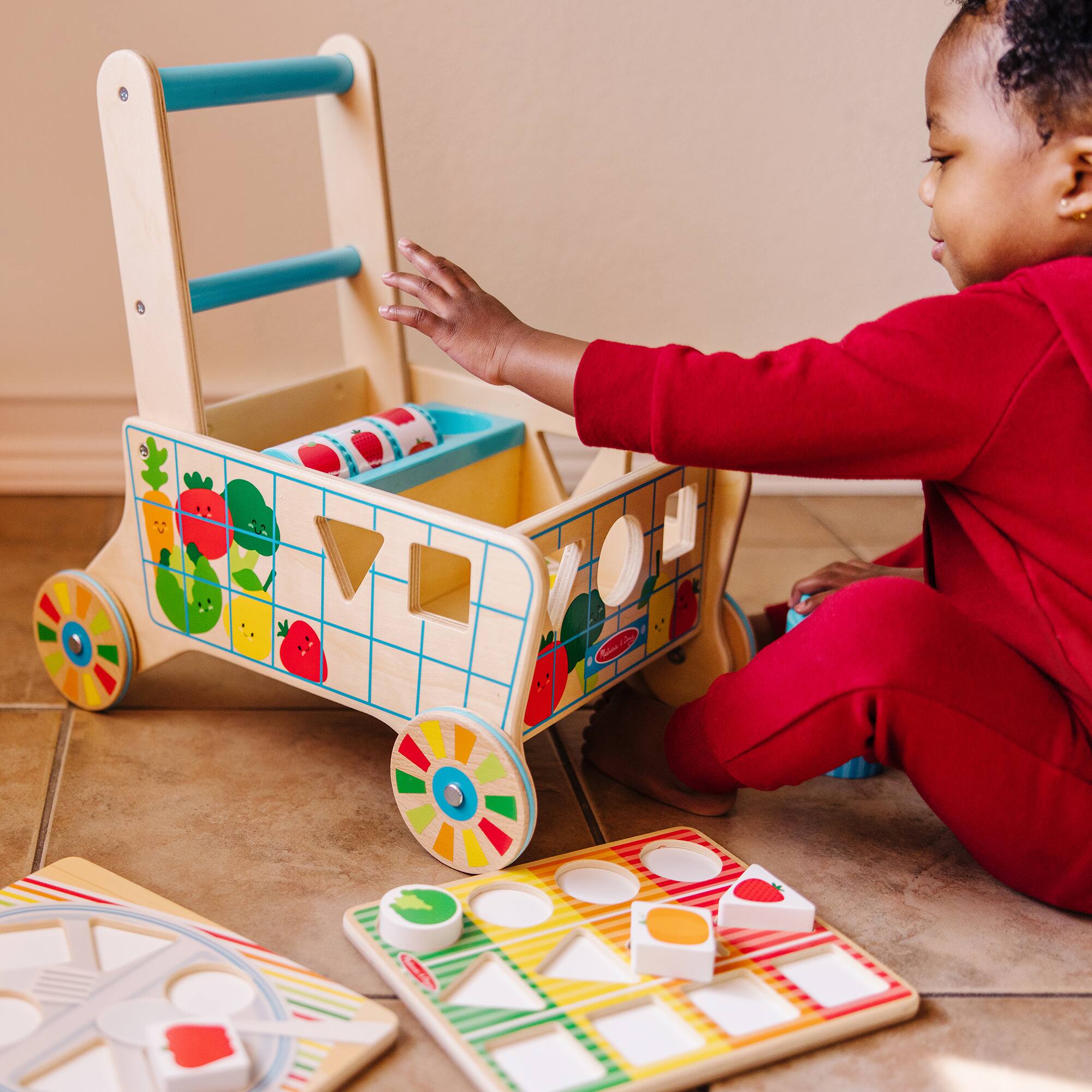 Melissa & Doug® Wooden Shape Sorting Grocery Cart Push Toy Set