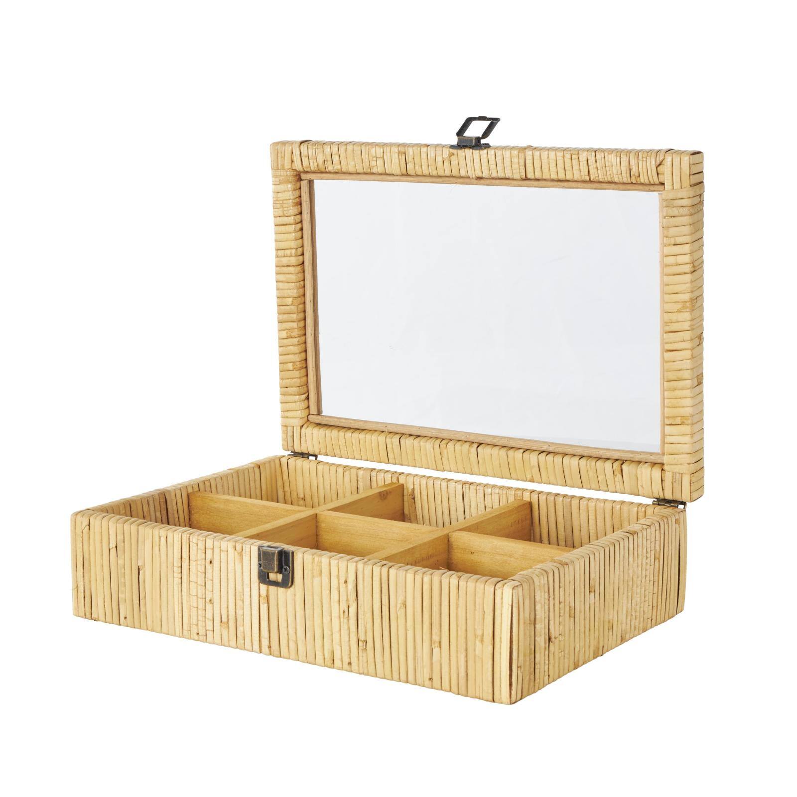 12" x 9" x 4" Brown Hand-Wrapped Rattan 6-Slot Jewelry Box with Tempered Glass Top