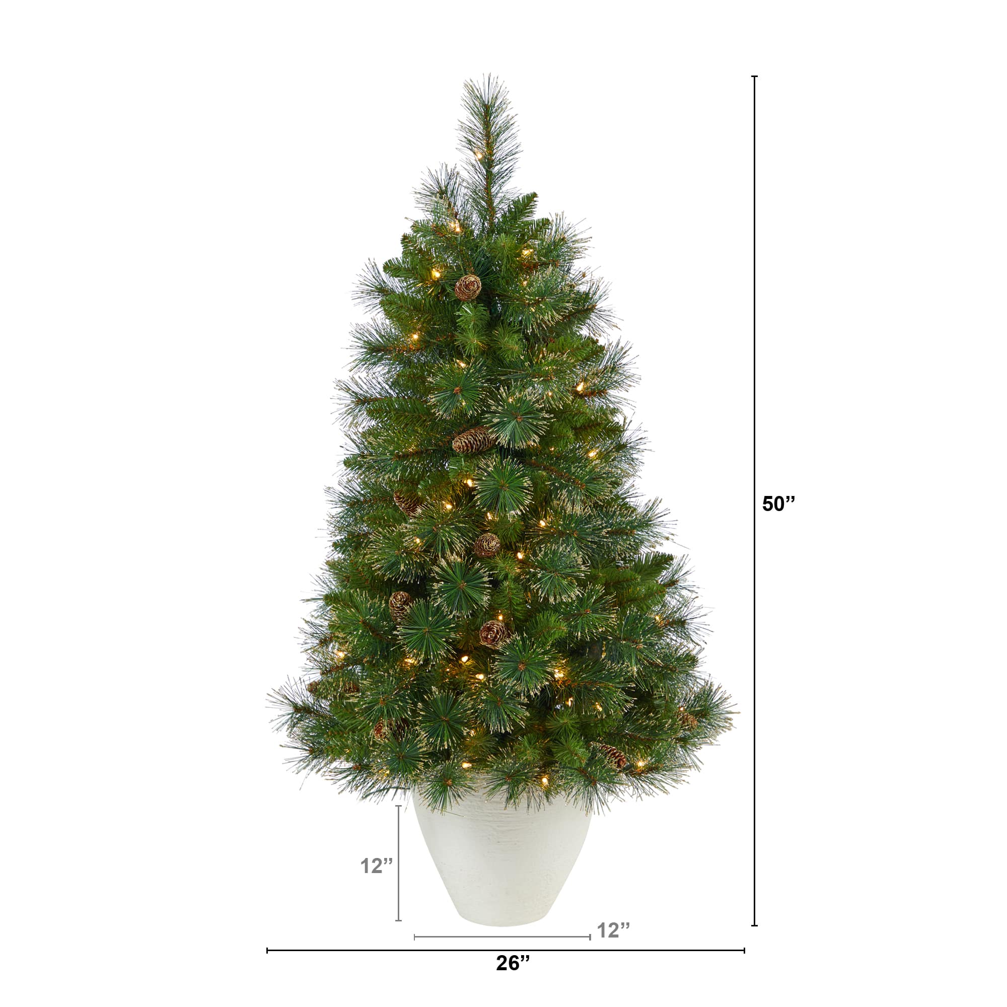 4ft. Pre-Lit Golden Tip Washington Pine with Pinecones Artificial Christmas Tree In White Planter, Clear Lights