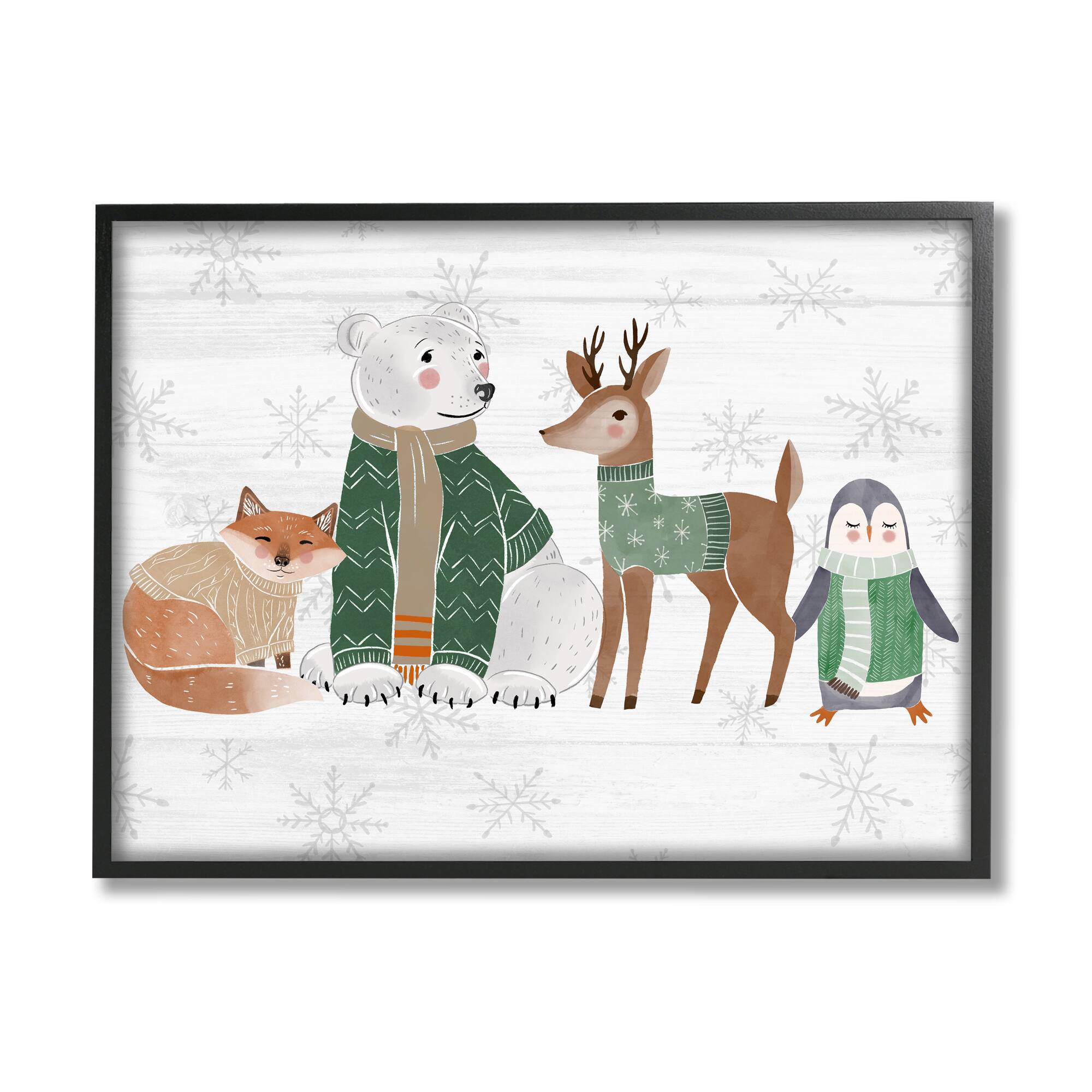 Stupell Industries Winter Wildlife Animals Snowflakes Framed Giclee Art