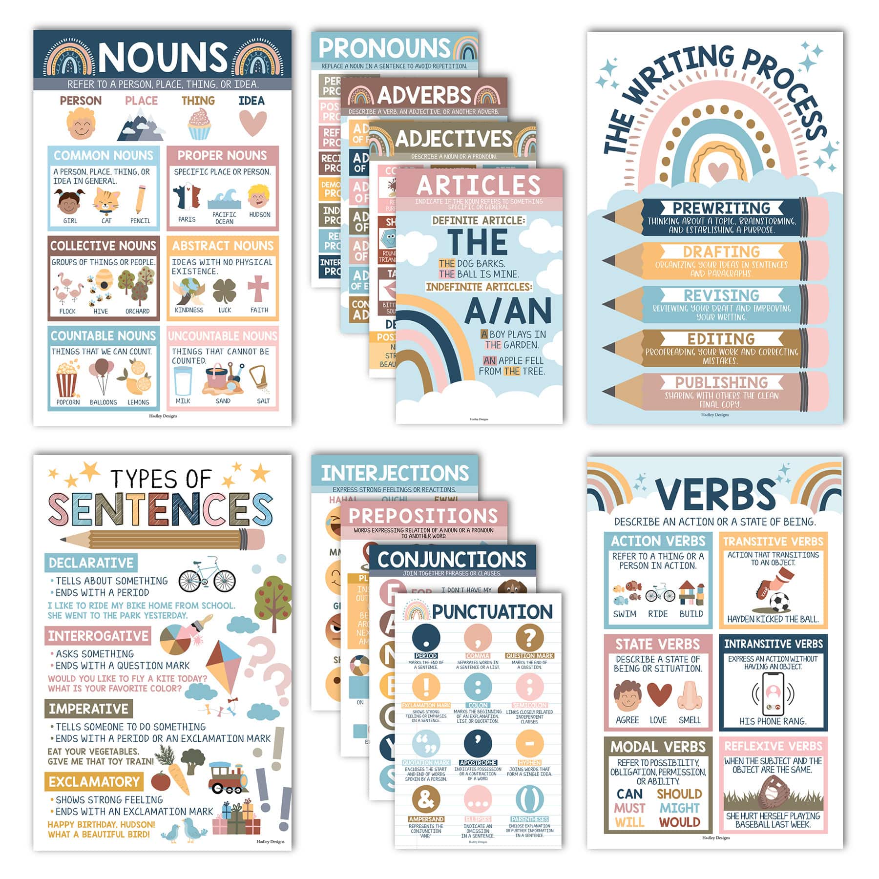 Hadley Designs 11" x 17" Boho Parts of Speech Language Arts and Grammar Laminated Posters Set
