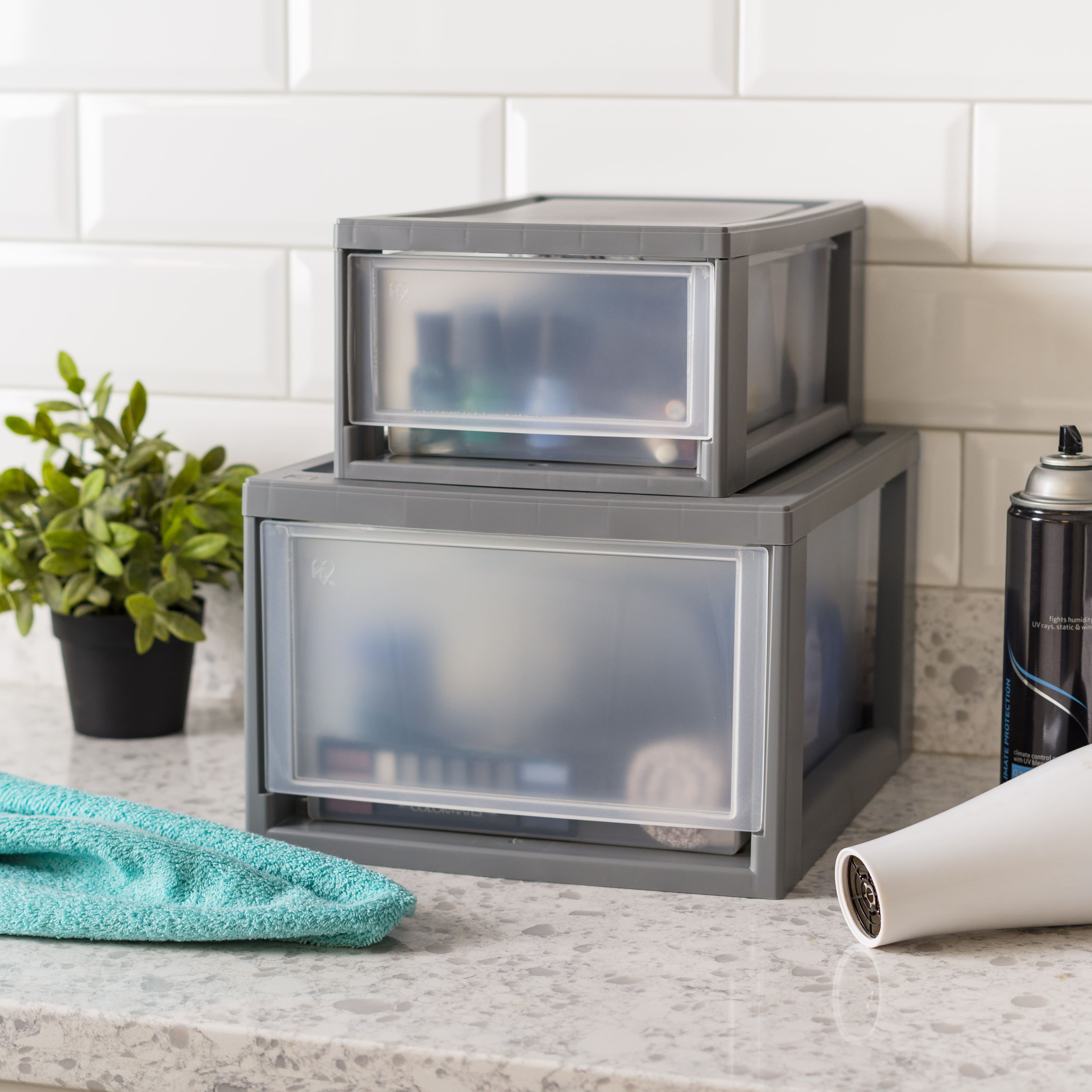 IRIS® Medium Gray Stackable Storage Bin with Clear Drawer