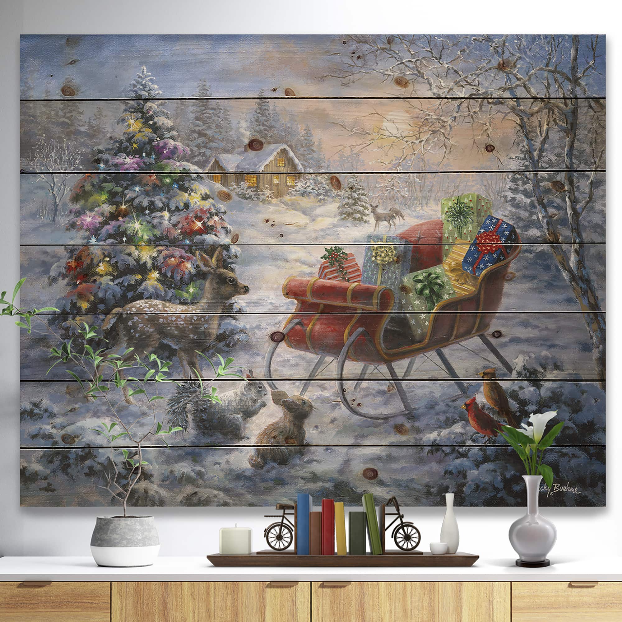 Designart Christmas Tree with Sleigh Print on Natural Pine Wood