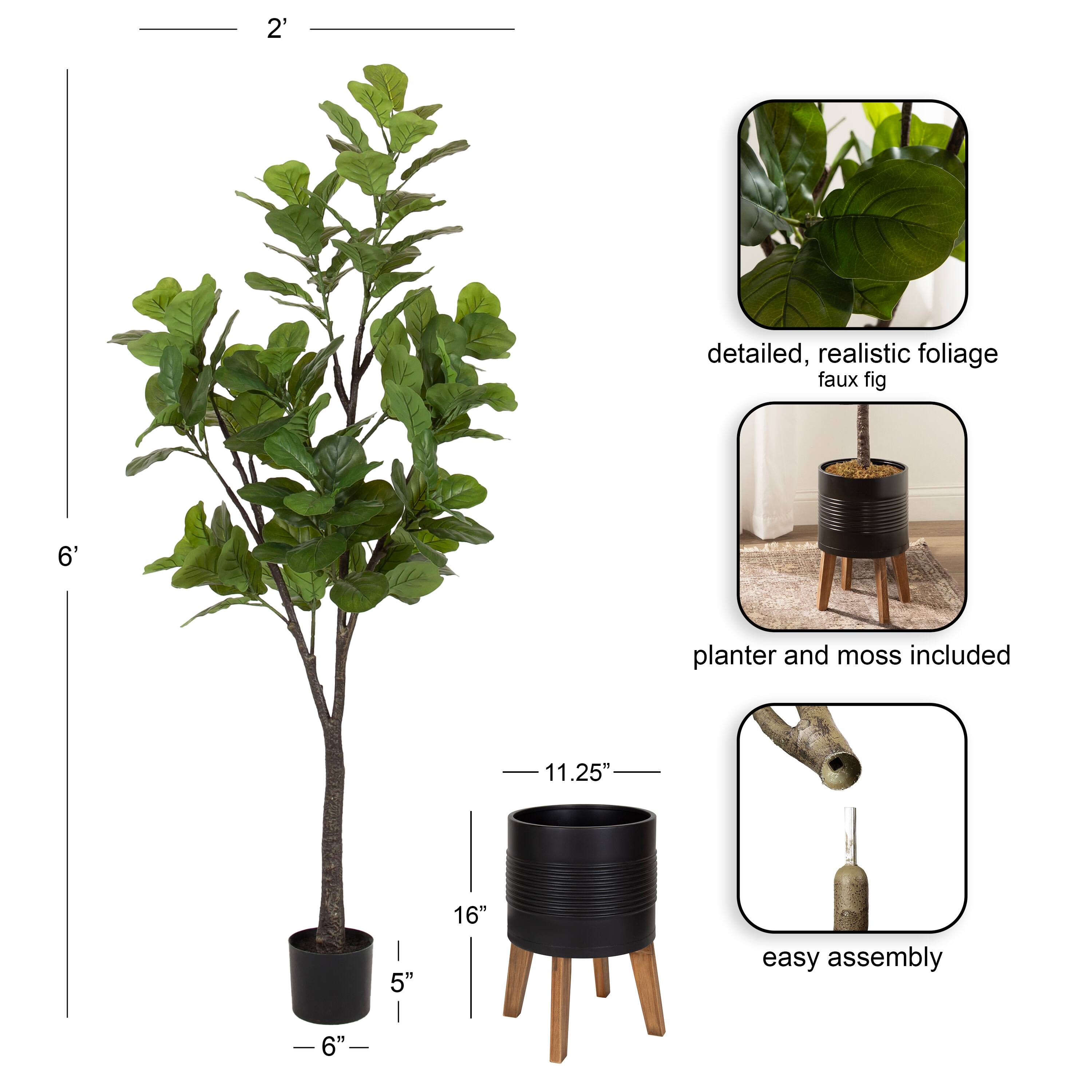 Kate and Laurel Fidmont 6ft. Faux Fiddle Fig Tree in Gavri Wood Footed Planter