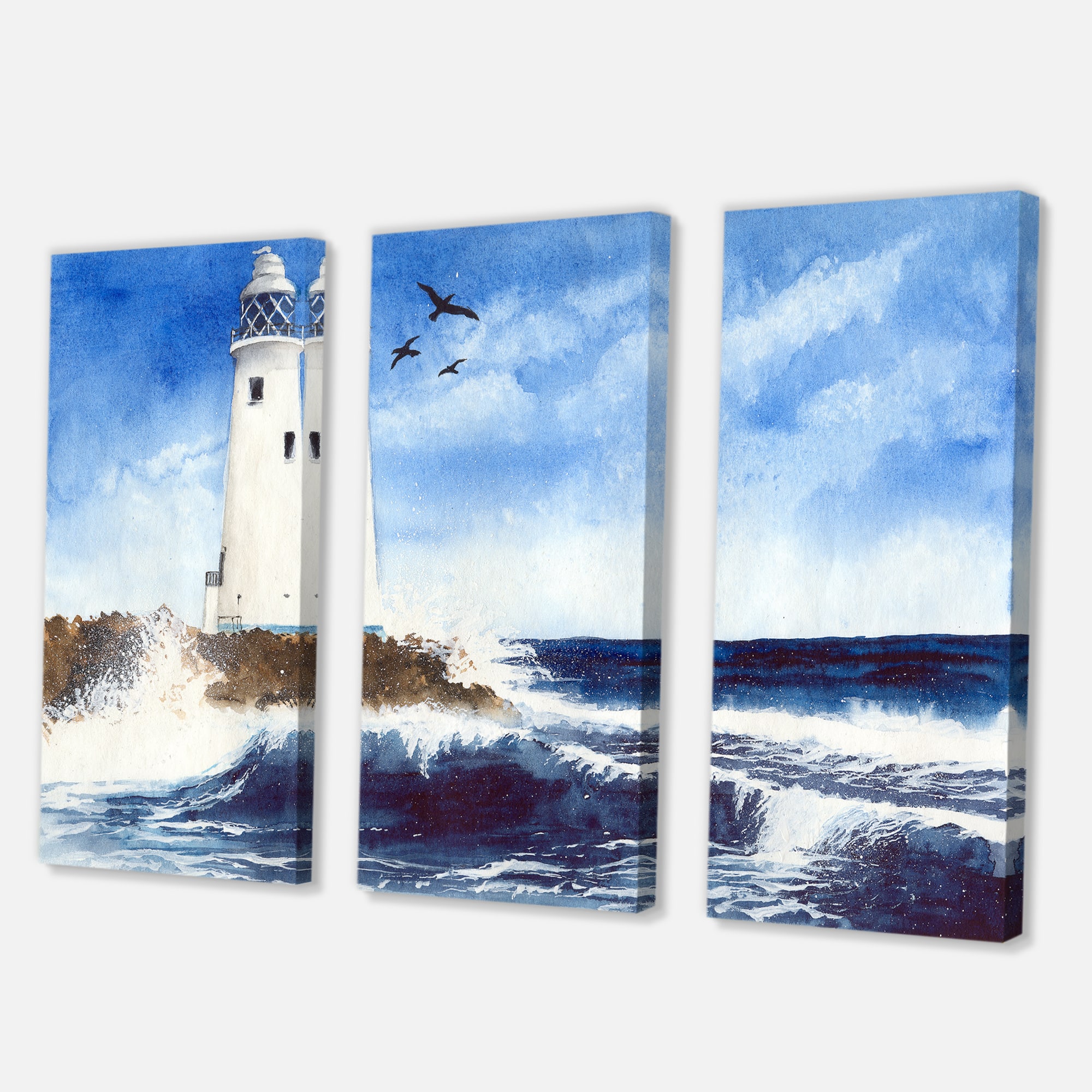 Designart - Lighthouse On The Rocky Island With Seagulls - Nautical & Coastal Canvas Wall Art Print