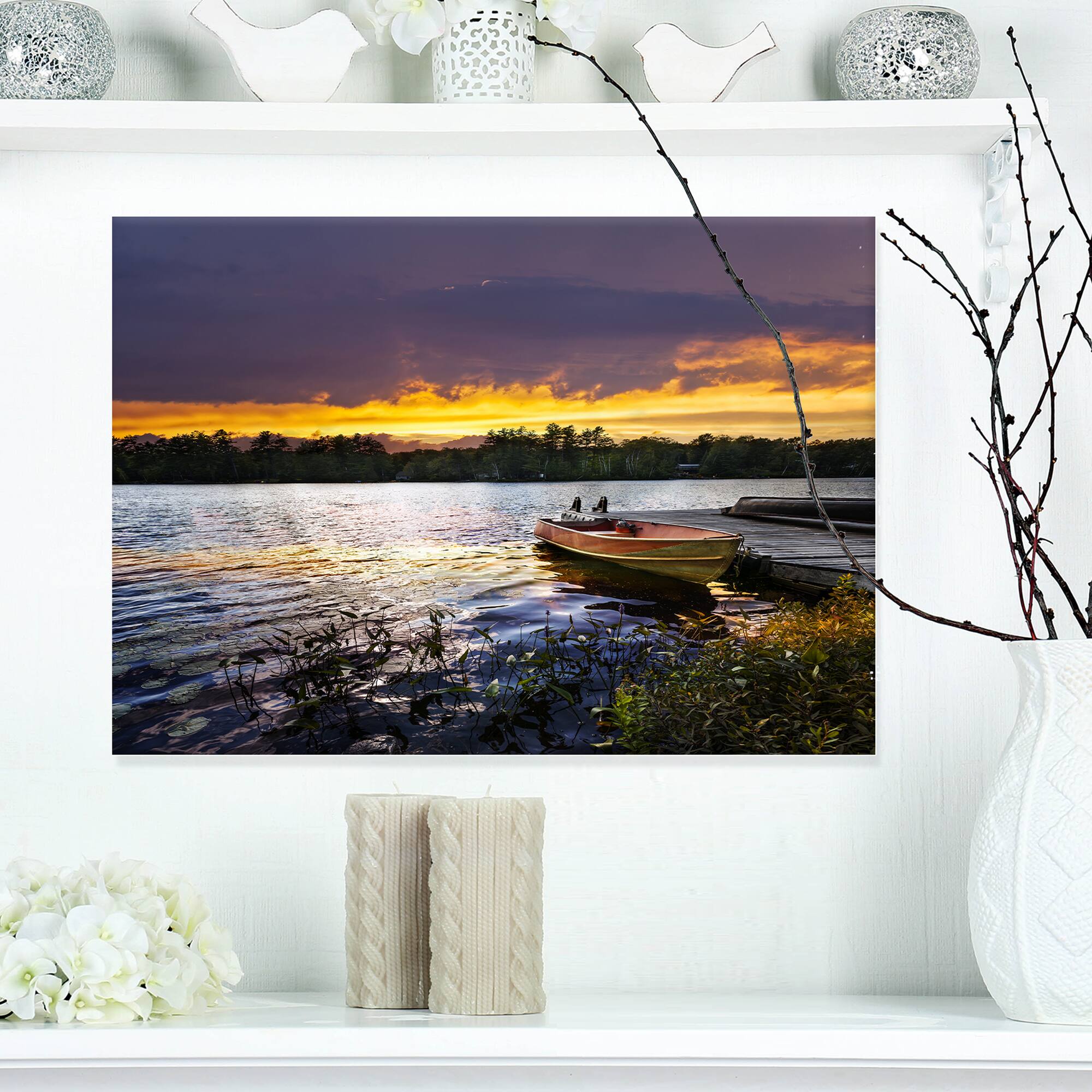 Designart - Boat Docked in Lake at Sunset