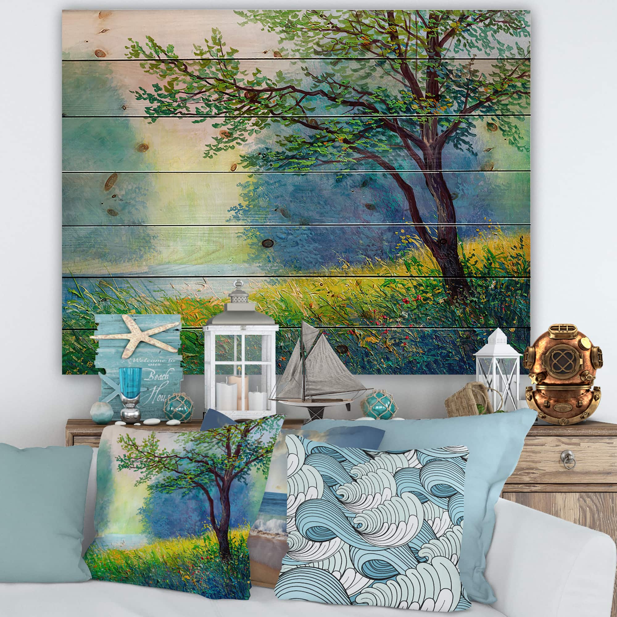 Designart - Summer Forest With River and Waterfall