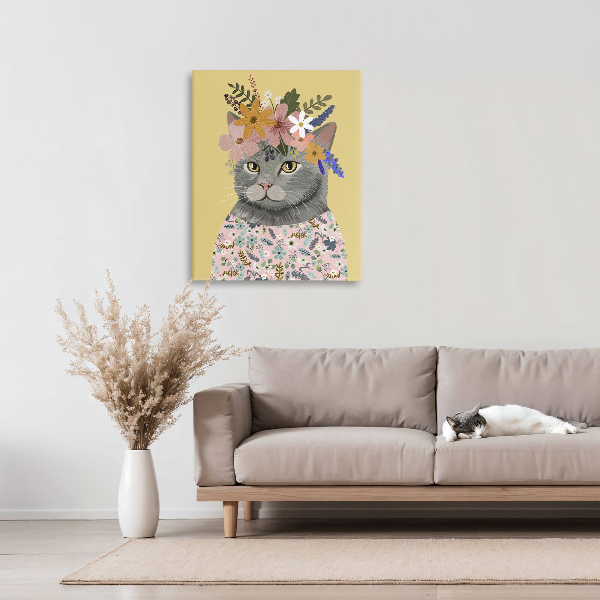 Stupell Industries Spring Cat Floral Portrait Canvas Wall Art