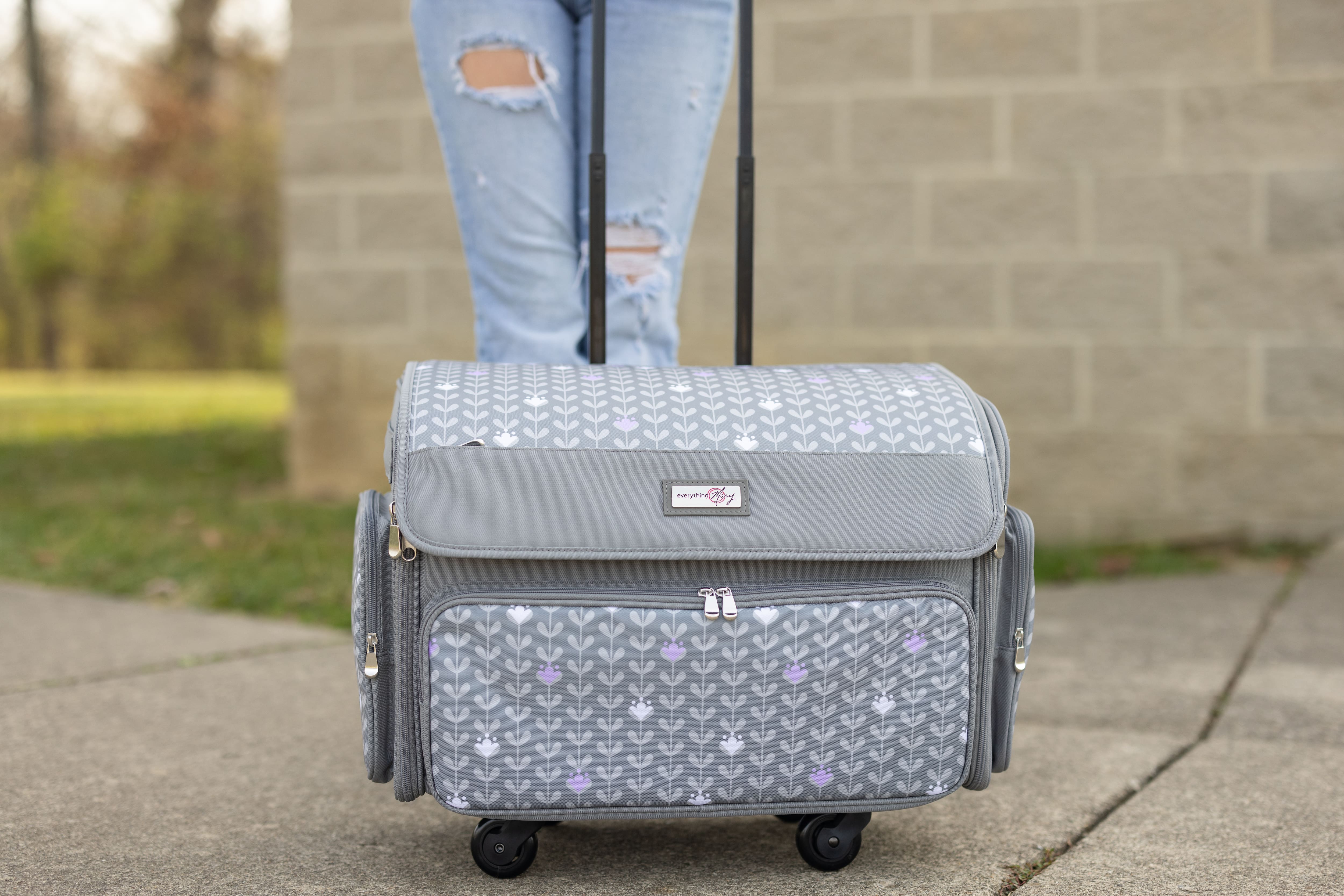 Everything Mary Purple Floral 4 Wheel Collapsible Deluxe Sewing Machine Storage Case