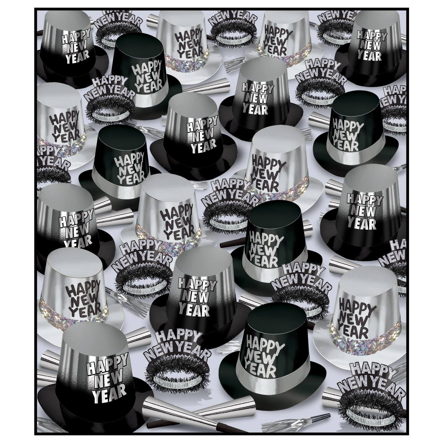 Beistle Black & Silver The Great New Year Assortment Kit for 300