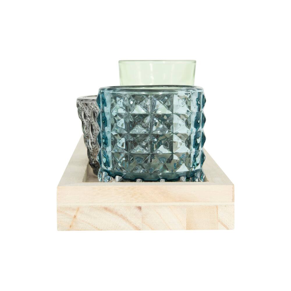 Hello Honey® 13.25" Glass Votive & Tealight Holders On Wood Tray Set