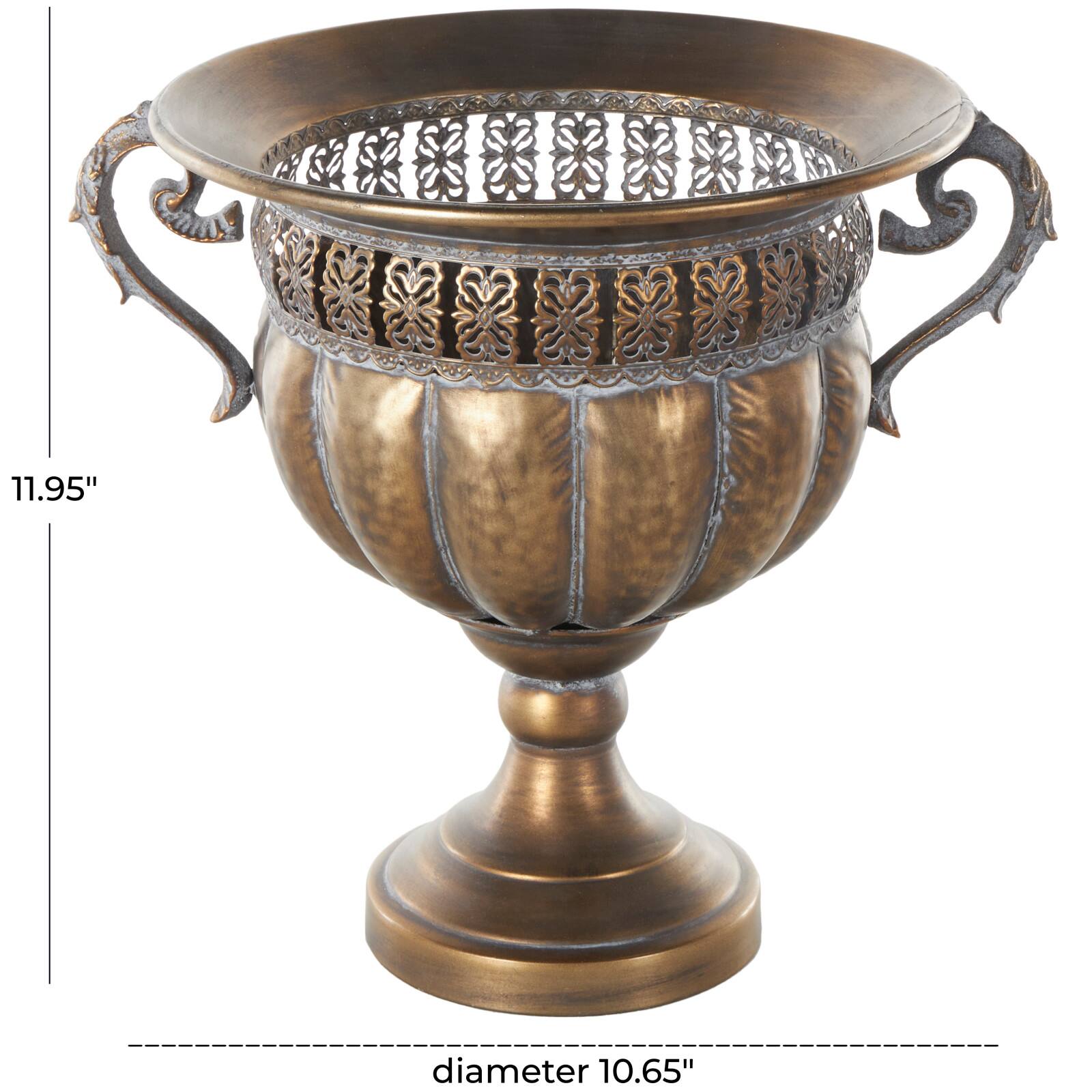12" Bronze Hammered Urn-Shaped Metal Vase with Cut Out Details