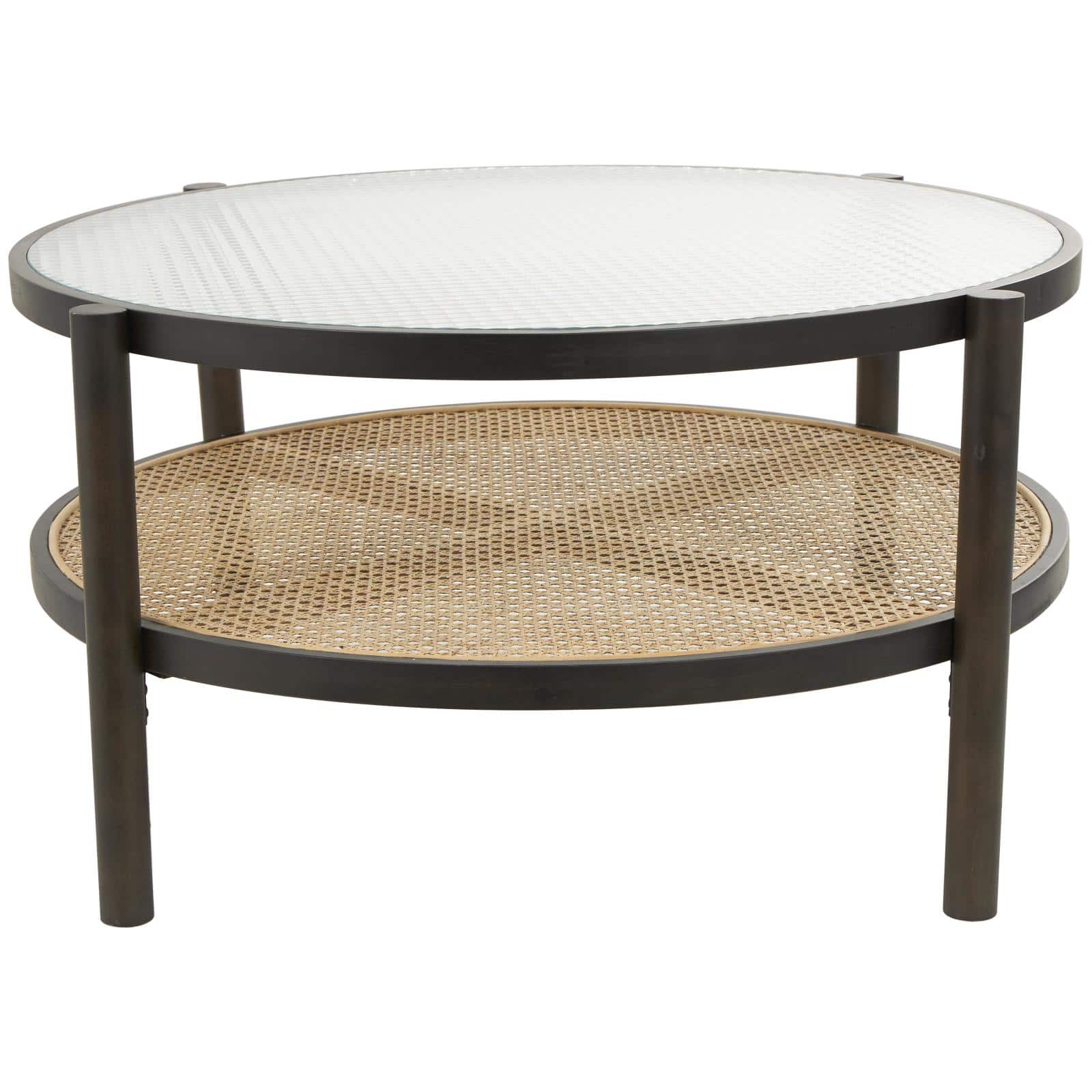 34" Brown Rattan Coffee Table with Pressed Tempered Glass Top