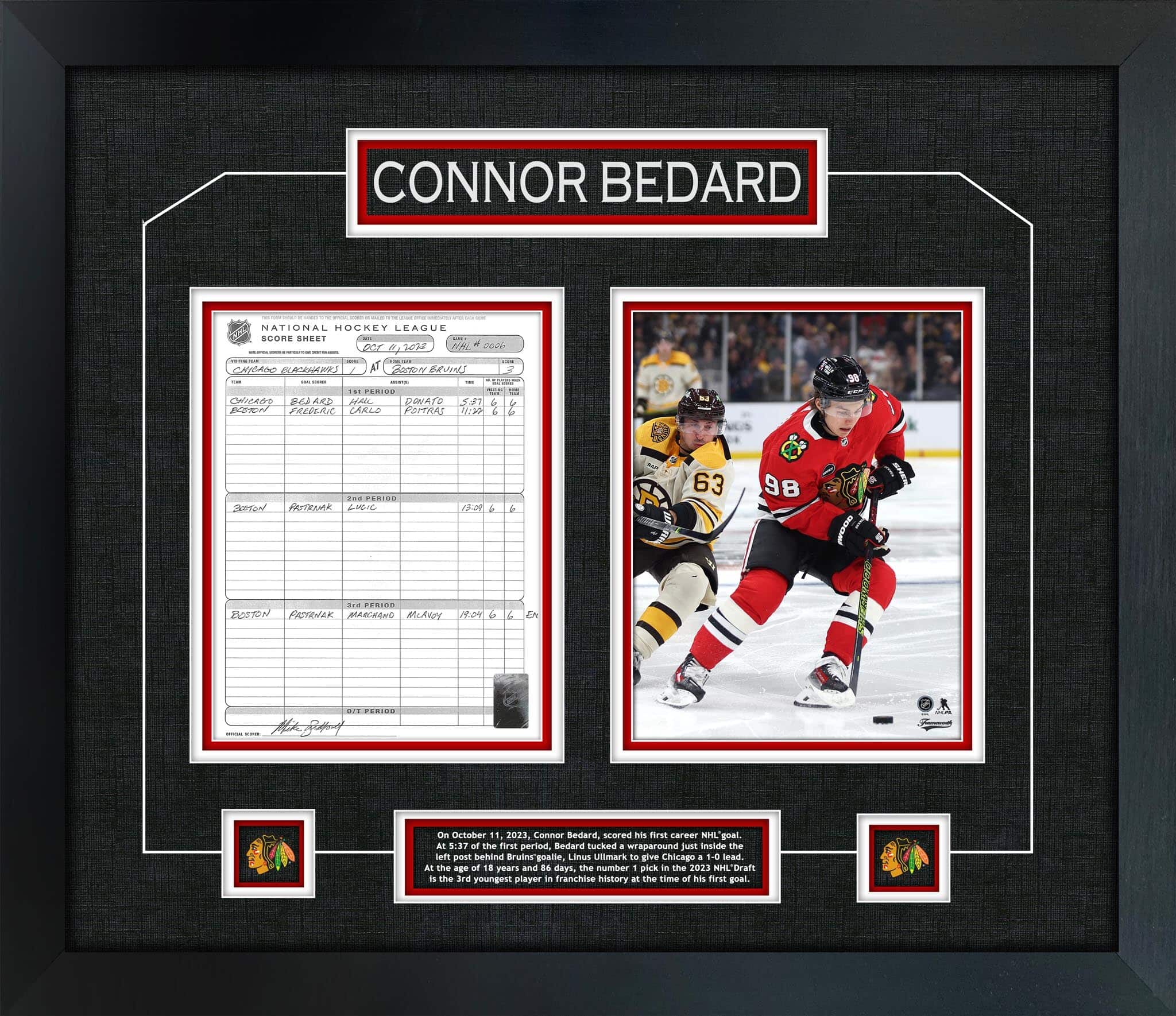 Connor Bedard Framed First Goal Scoresheet Collage 28.5" x 24.5"