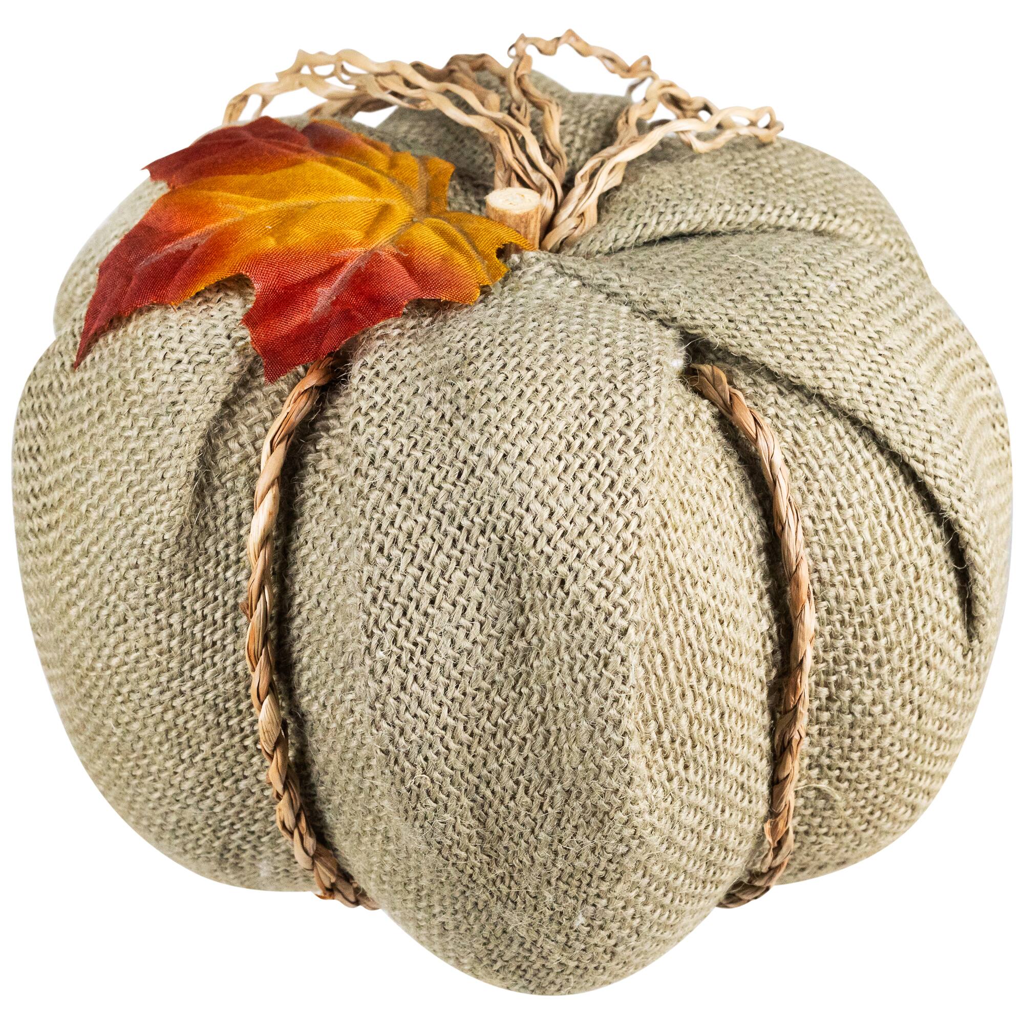 7" Green Burlap Autumn Harvest Tabletop Pumpkin
